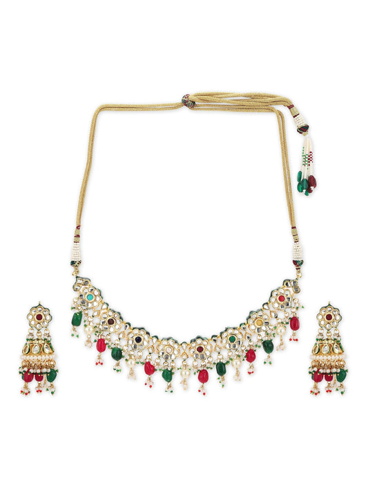 Gold-Polished Green White Kundan Stone-Studded Pearl-Beaded Jewellery Set - Ruby Raang - Swadesiicart