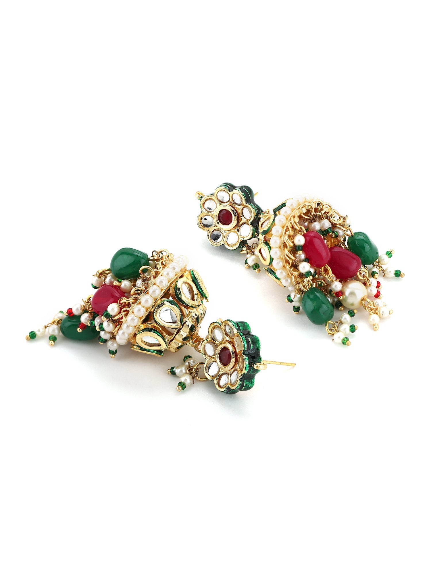Gold-Polished Green White Kundan Stone-Studded Pearl-Beaded Jewellery Set - Ruby Raang - Swadesiicart