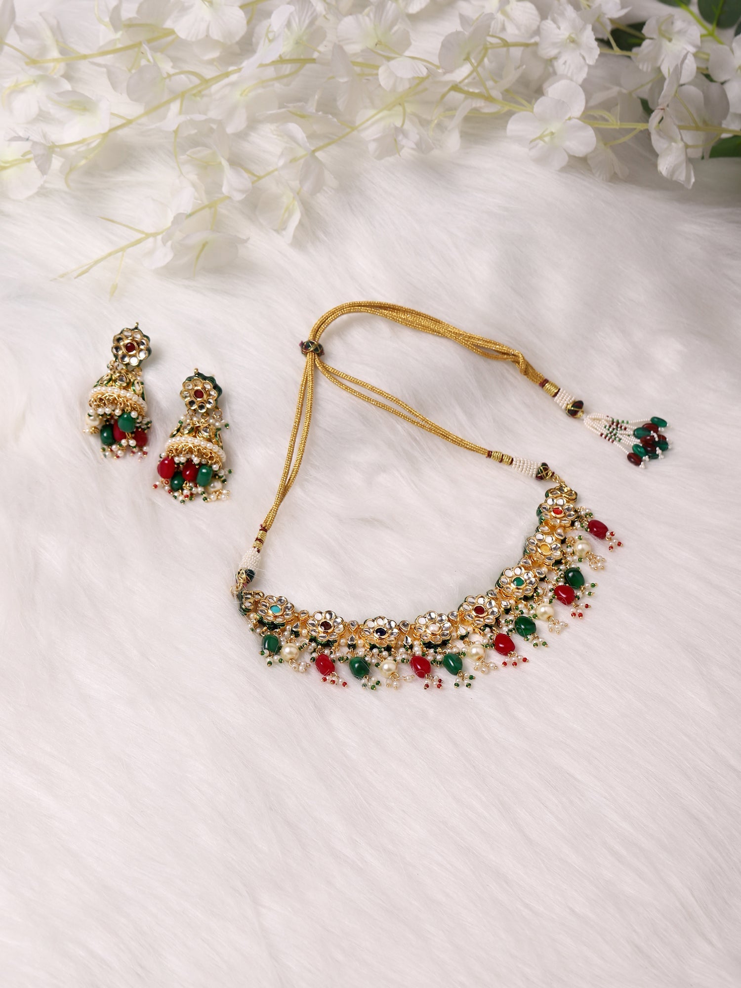 Gold-Polished Green White Kundan Stone-Studded Pearl-Beaded Jewellery Set - Ruby Raang - Swadesiicart