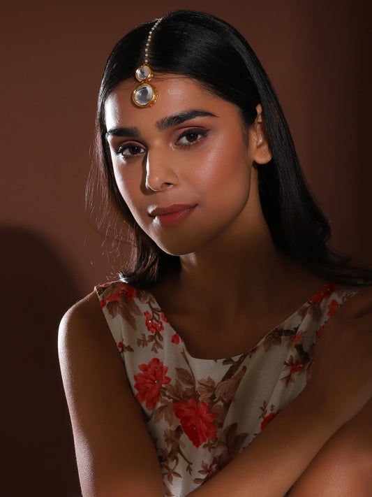 Gold-Polished White Kundan Studded Beaded Maang Tikka - Ruby Raang | Swadesiicart