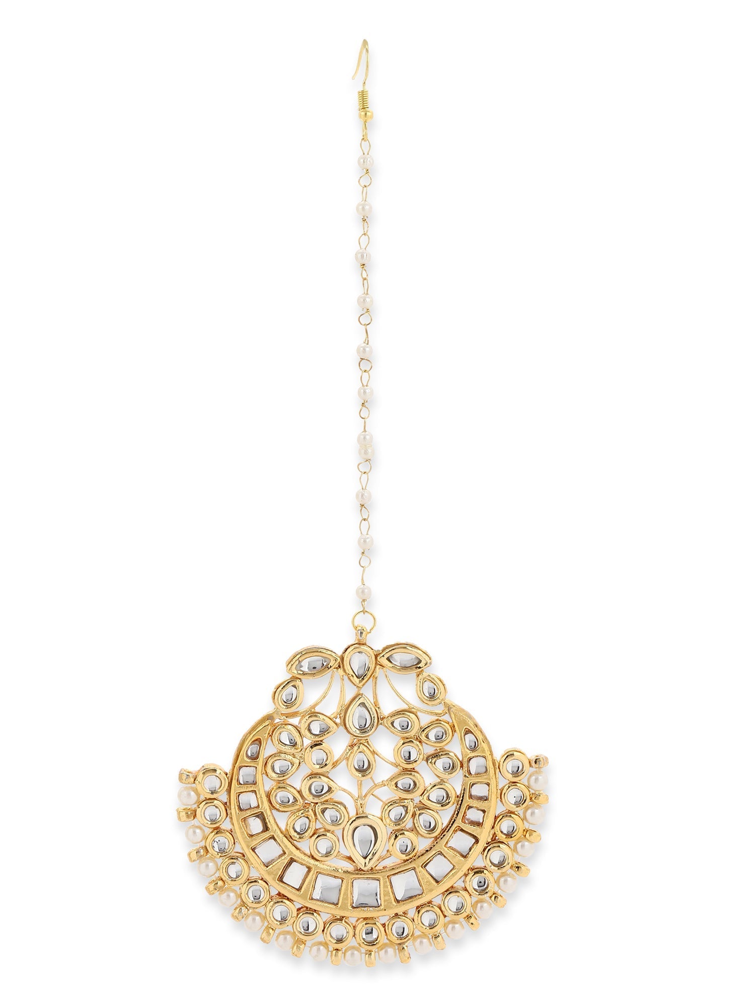Gold-Polished White Kundan-Studded Maang Tikka - Ruby Raang | Swadesiicart