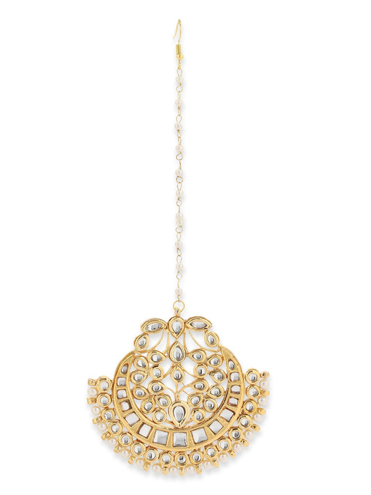 Gold-Polished White Kundan-Studded Maang Tikka - Ruby Raang | Swadesiicart