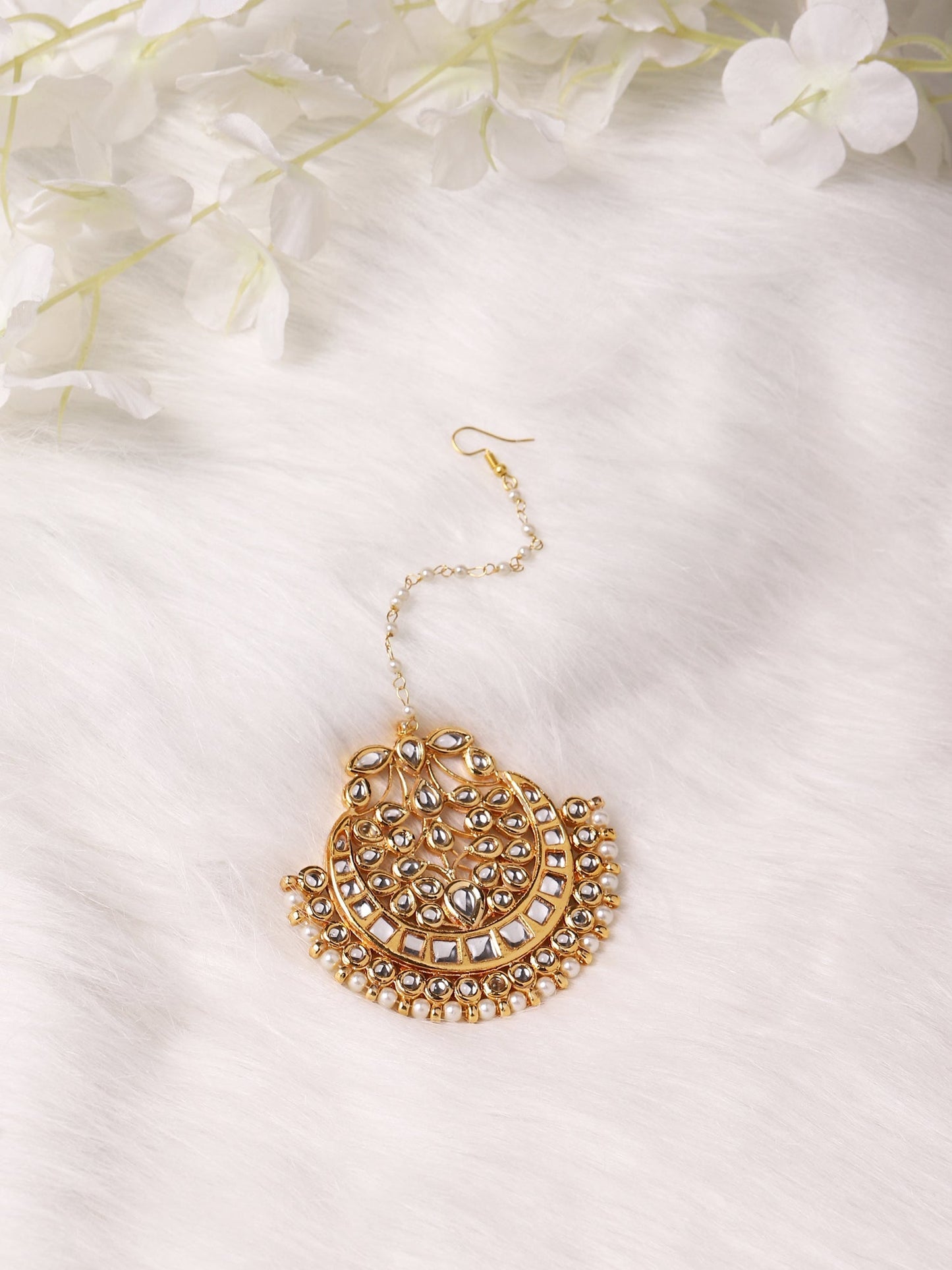 Gold-Polished White Kundan-Studded Maang Tikka - Ruby Raang | Swadesiicart