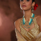 Gold-Polished Blue White Kundan Studded Beaded Jewellery Set - Ruby Raang - Ruby Raang Studio