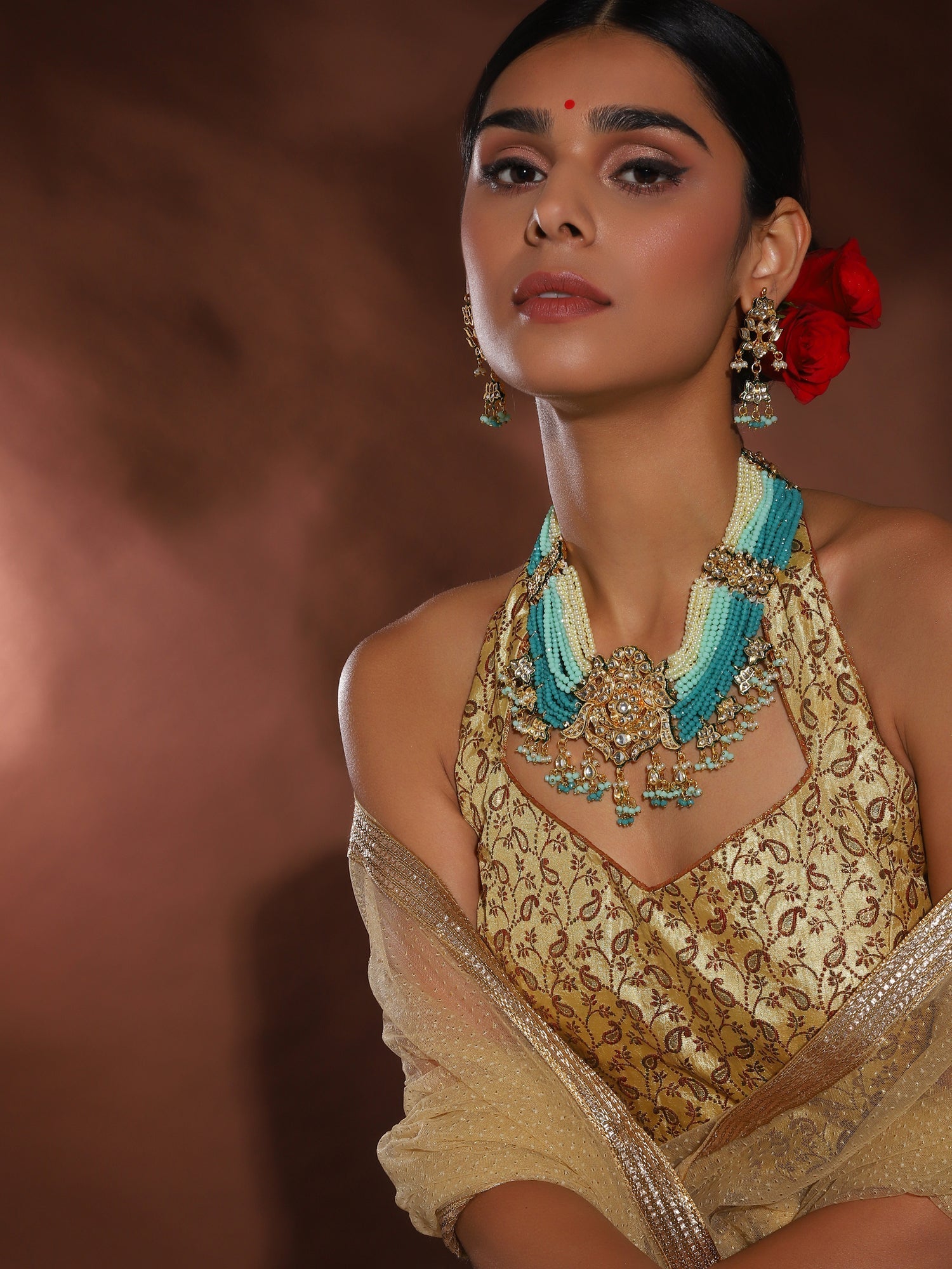 Gold-Polished Blue White Kundan Studded Beaded Jewellery Set - Ruby Raang - Ruby Raang Studio