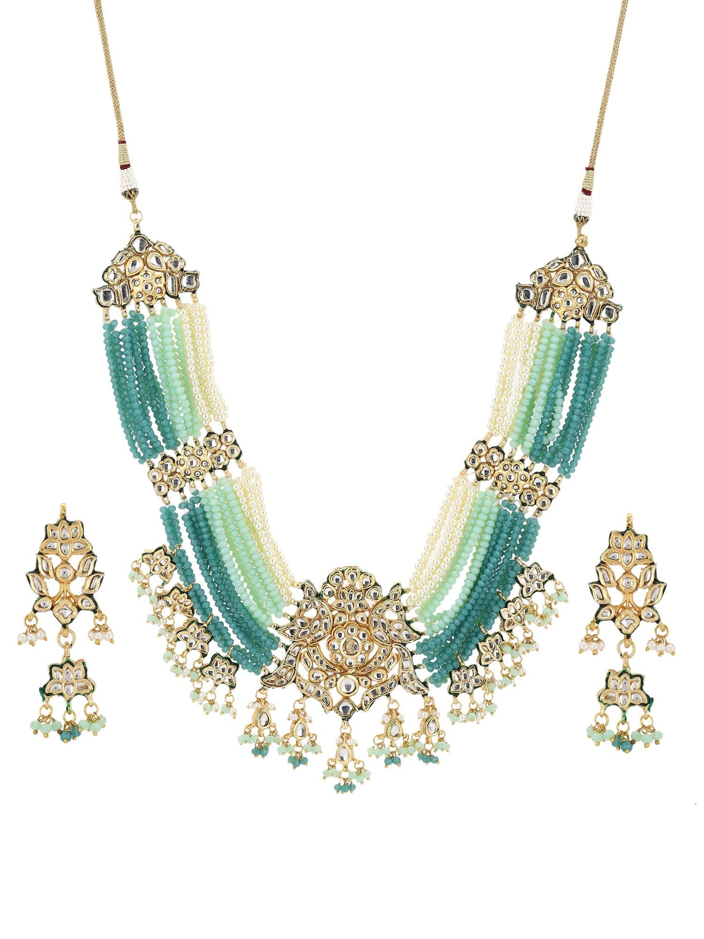 Gold-Polished Blue White Kundan Studded Beaded Jewellery Set - Ruby Raang - Swadesiicart