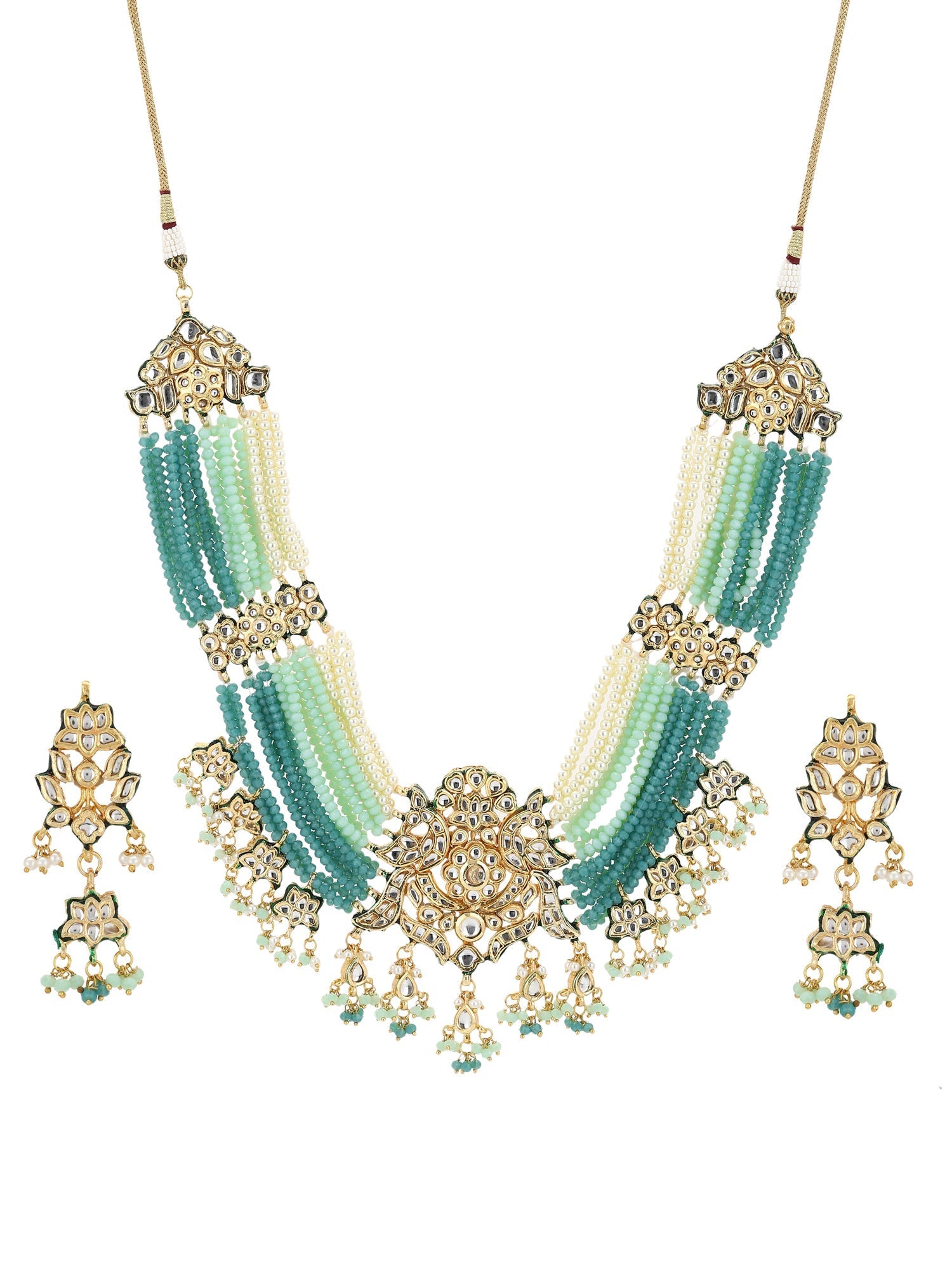 Gold-Polished Blue White Kundan Studded Beaded Jewellery Set - Ruby Raang - Swadesiicart