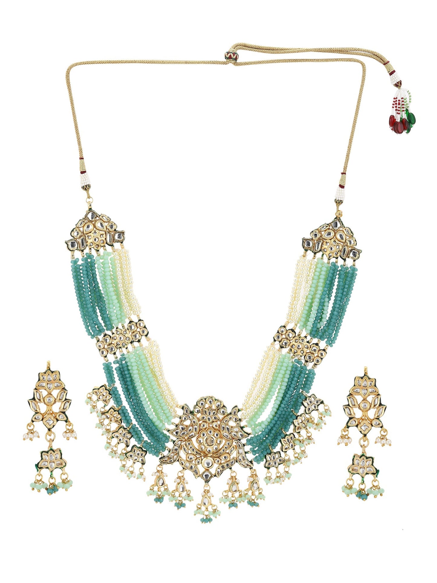 Gold-Polished Blue White Kundan Studded Beaded Jewellery Set - Ruby Raang - Swadesiicart