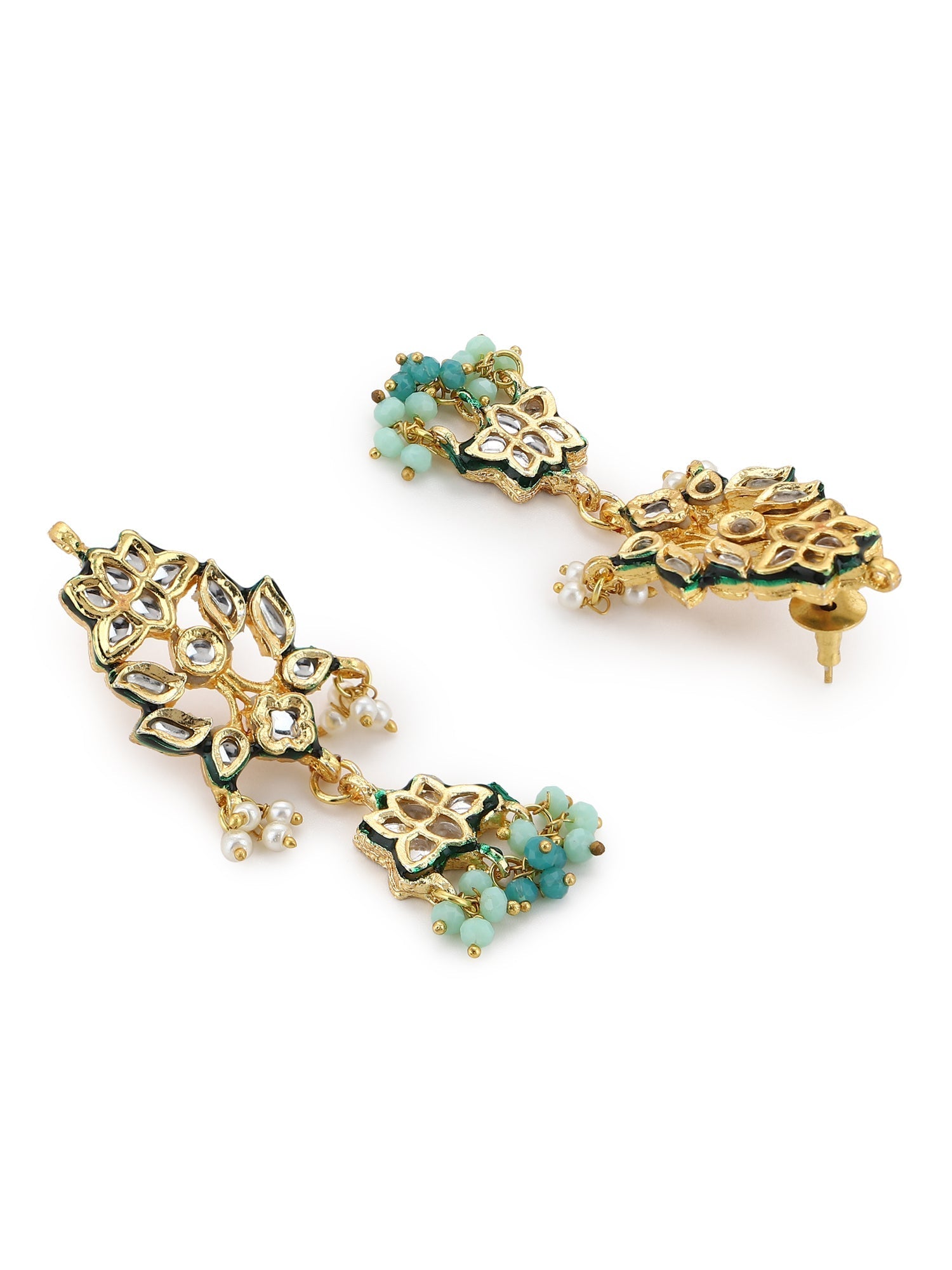 Gold-Polished Blue White Kundan Studded Beaded Jewellery Set - Ruby Raang - Swadesiicart