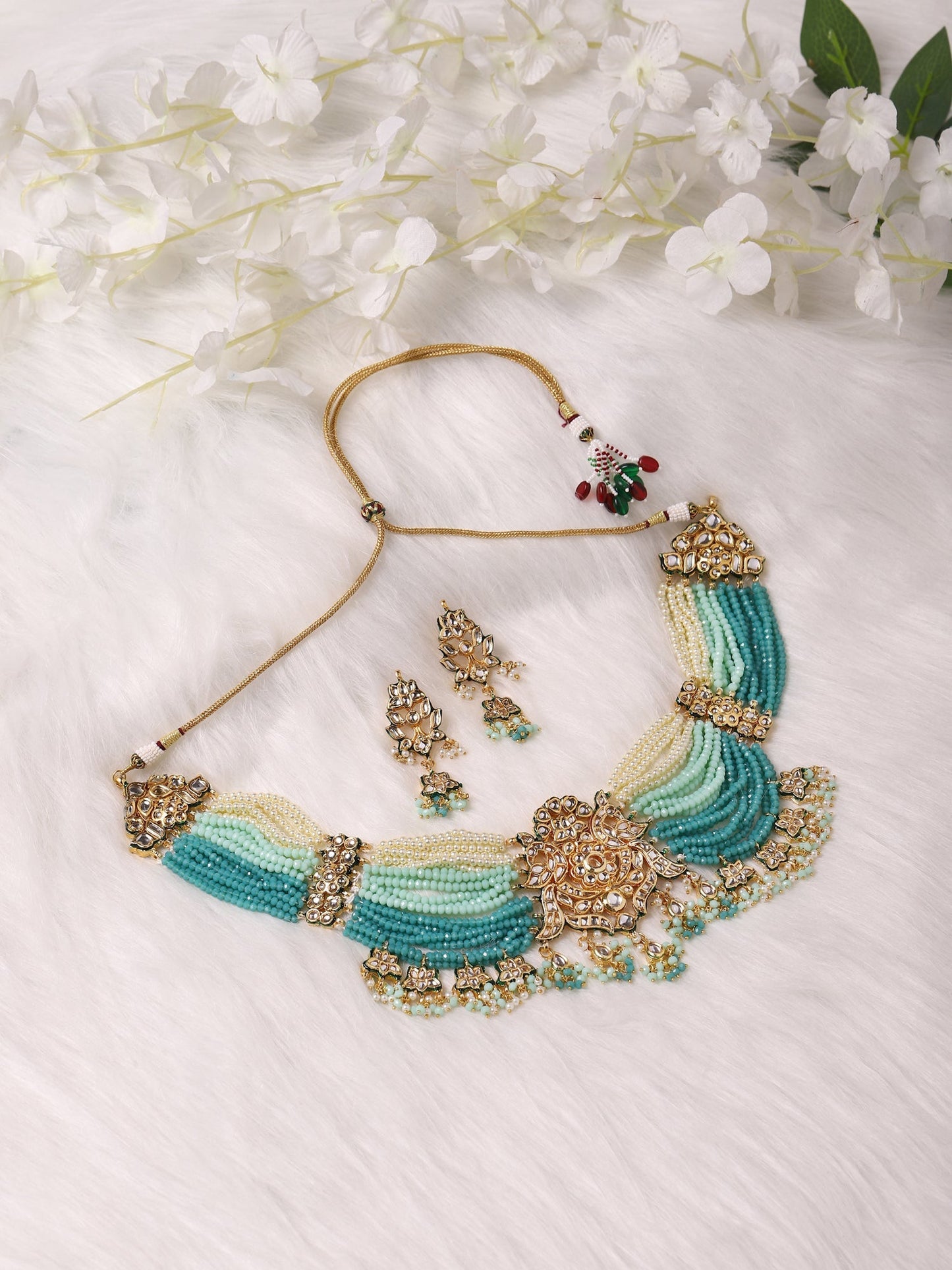Gold-Polished Blue White Kundan Studded Beaded Jewellery Set - Ruby Raang - Swadesiicart