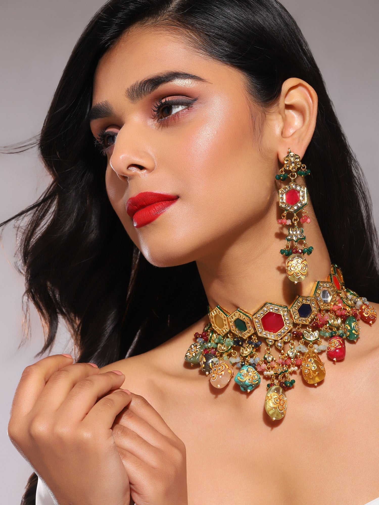 Gold-Polished Multicolored Kundan-Studded Beaded Jewellery Set - Ruby Raang - Ruby Raang Studio