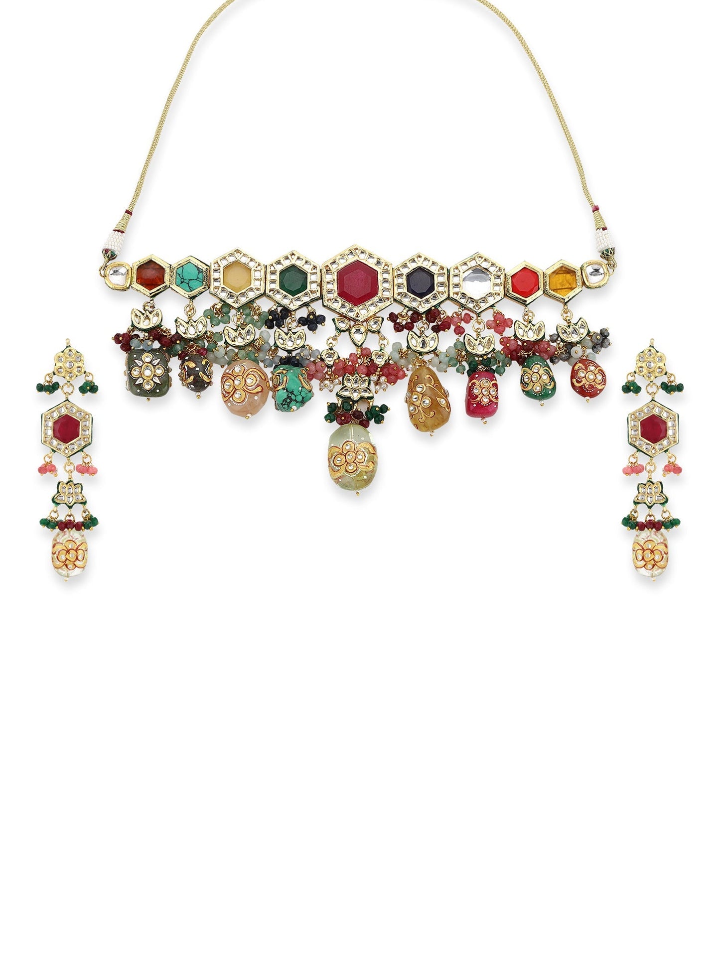 Gold-Polished Multicolored Kundan-Studded Beaded Jewellery Set - Ruby Raang - Swadesiicart