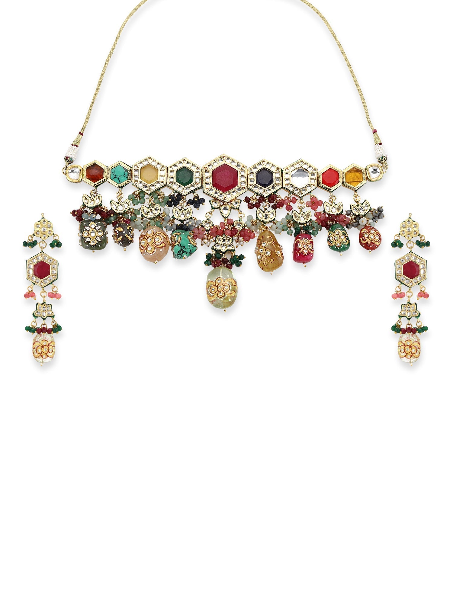 Gold-Polished Multicolored Kundan-Studded Beaded Jewellery Set - Ruby Raang - Swadesiicart