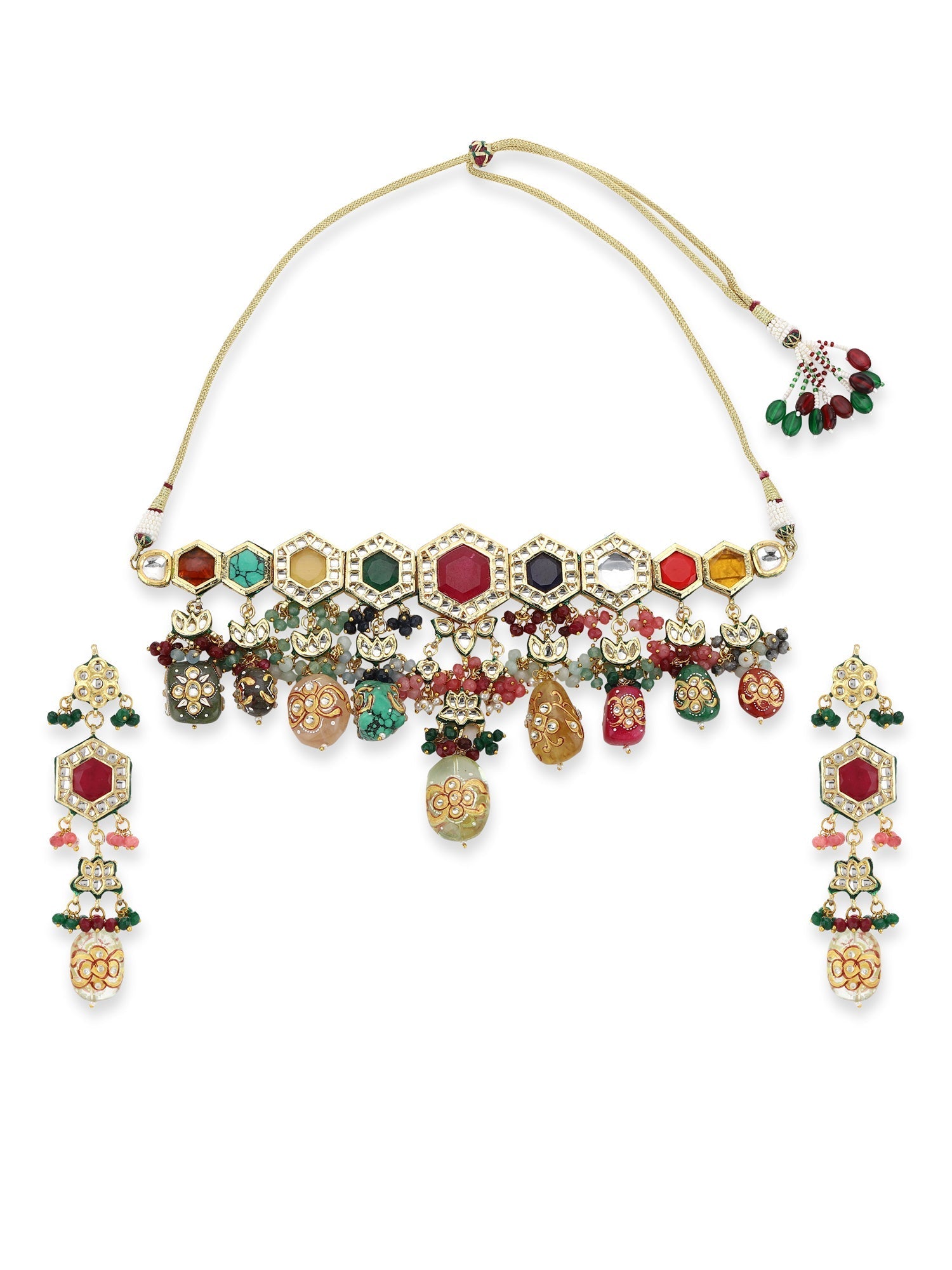 Gold-Polished Multicolored Kundan-Studded Beaded Jewellery Set - Ruby Raang - Swadesiicart