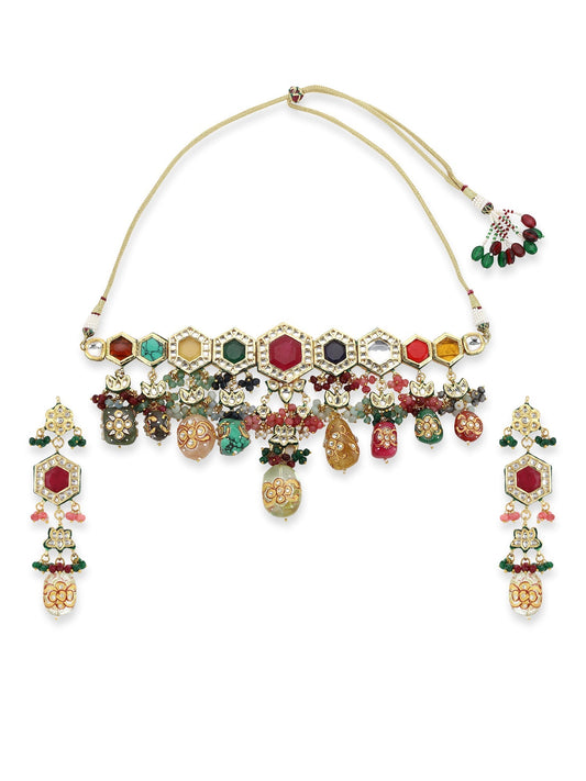Gold-Polished Multicolored Kundan-Studded Beaded Jewellery Set - Ruby Raang - Swadesiicart