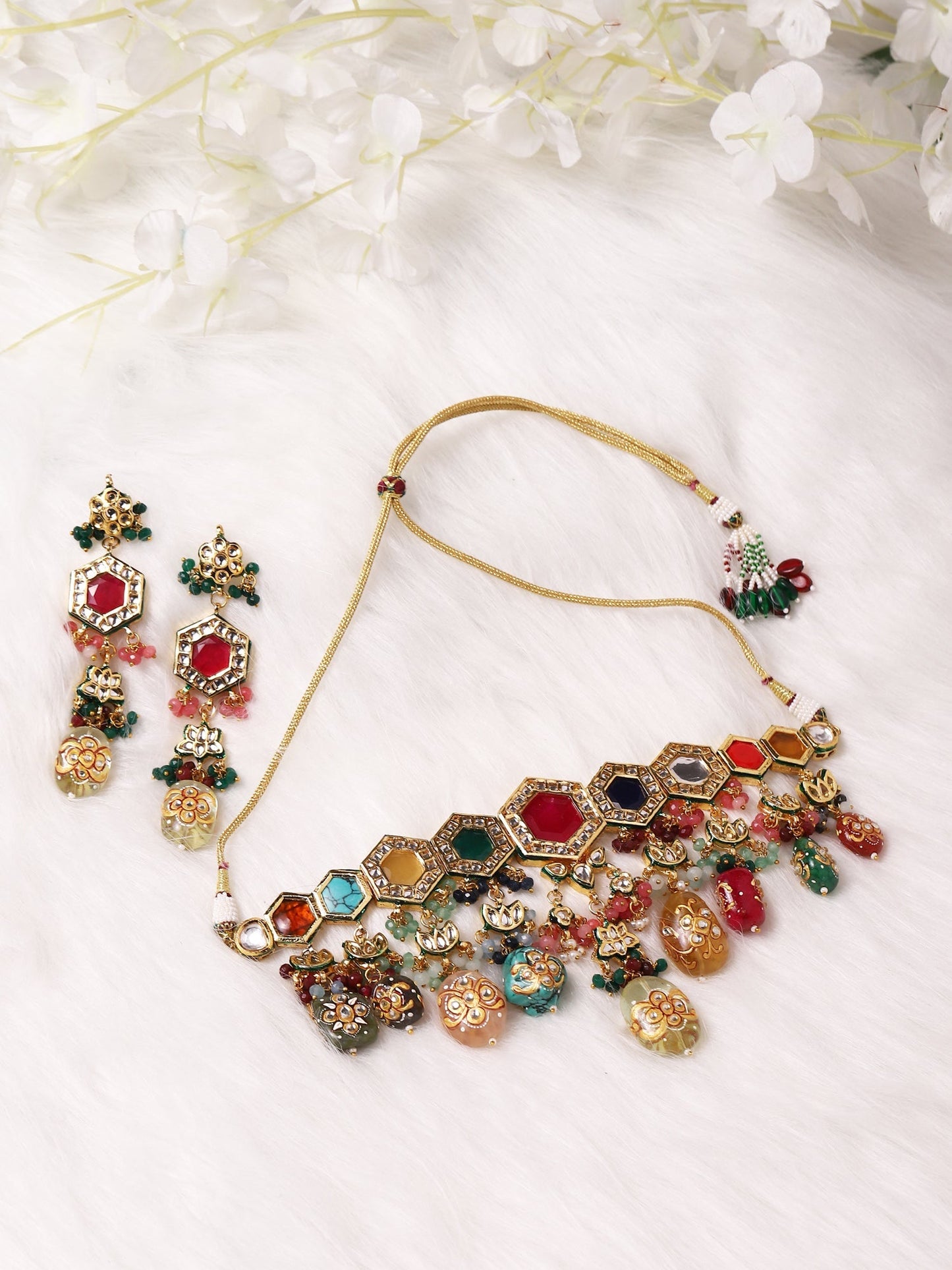 Gold-Polished Multicolored Kundan-Studded Beaded Jewellery Set - Ruby Raang - Swadesiicart