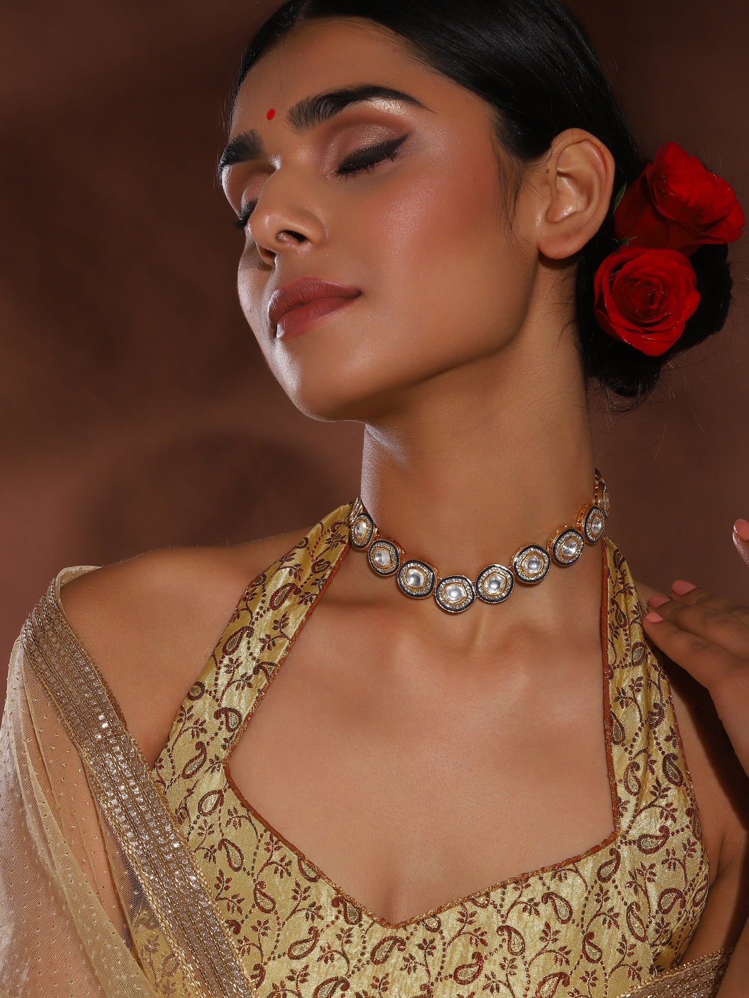 Gold-Toned Green Brass Rhodium-Plated Kundan Necklace - Ruby Raang | Swadesiicart