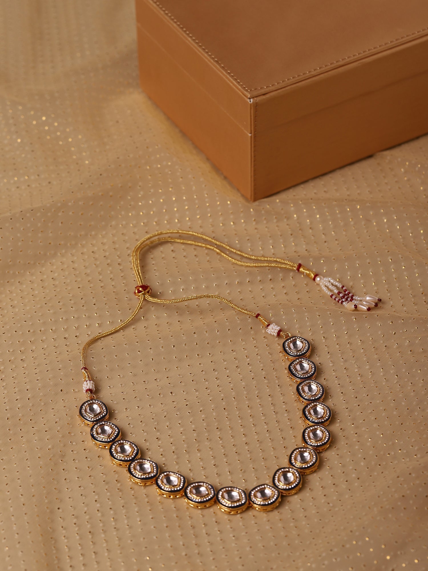 Gold-Toned Green Brass Rhodium-Plated Kundan Necklace - Ruby Raang | Swadesiicart