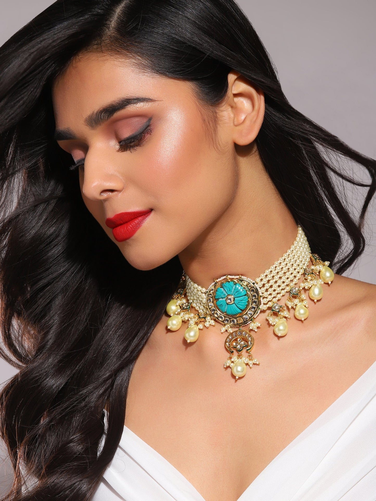 White Blue Brass Gold-Polished Necklace - Ruby Raang | Swadesiicart