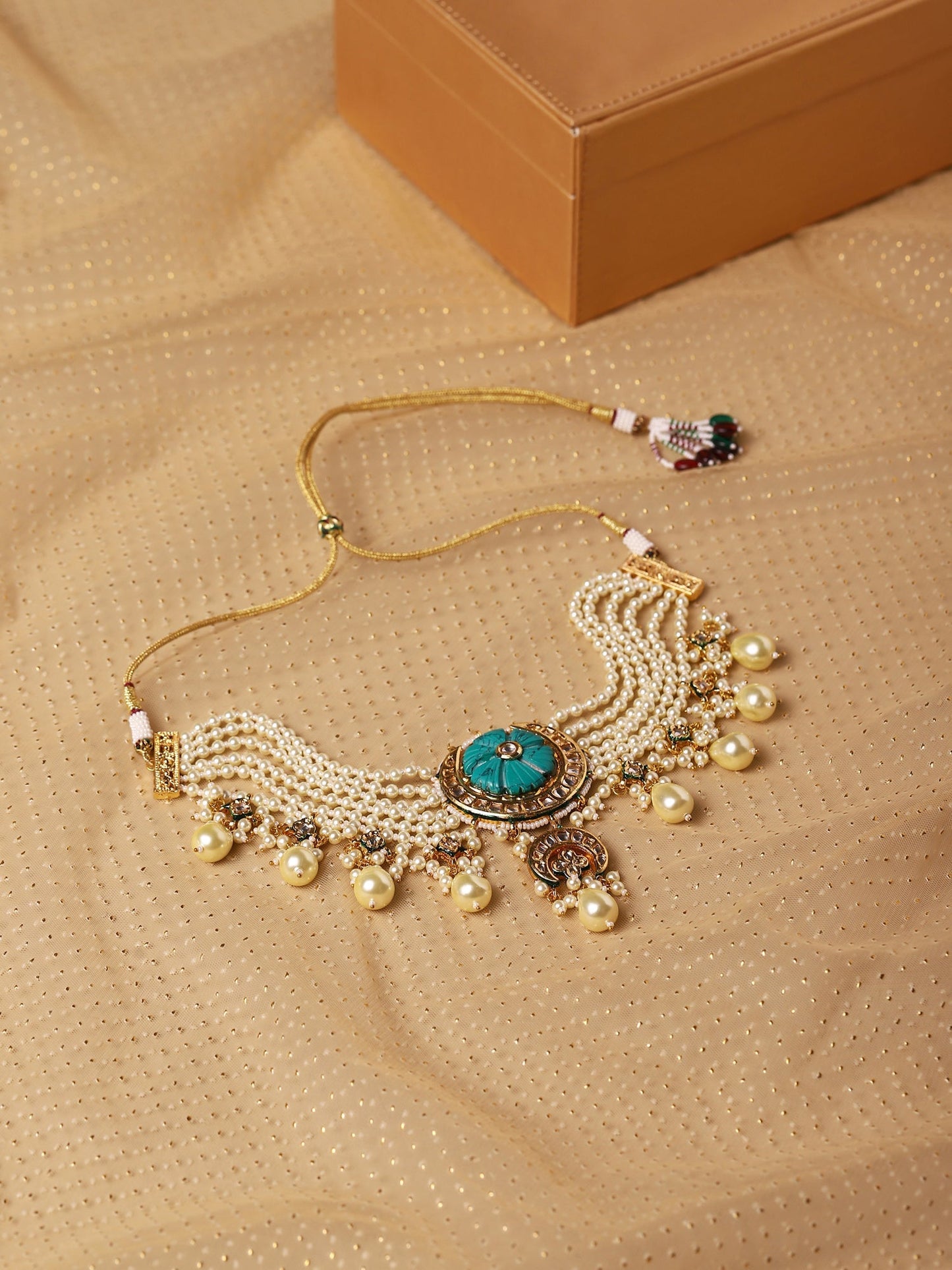 White Blue Brass Gold-Polished Necklace - Ruby Raang | Swadesiicart