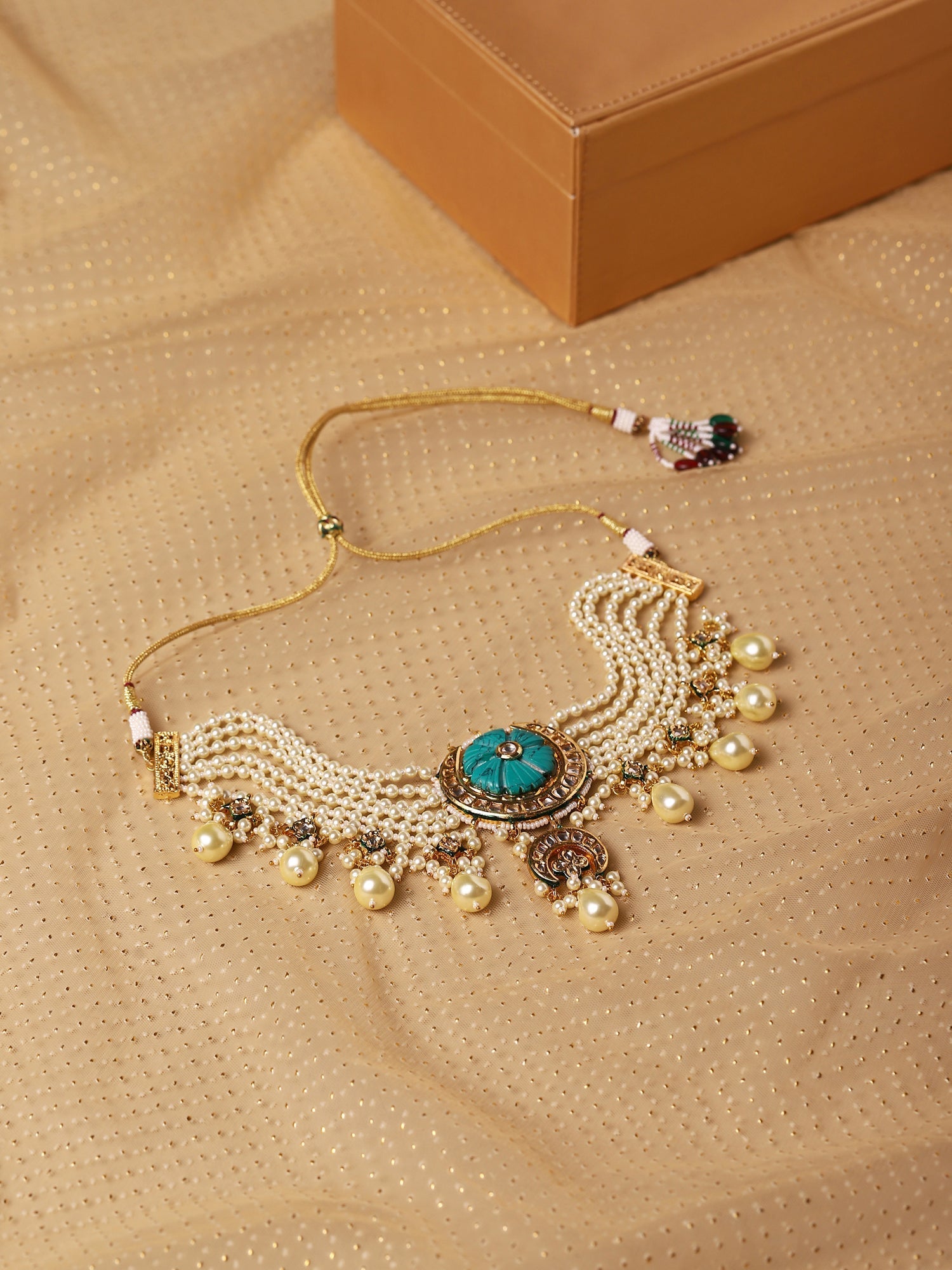 White Blue Brass Gold-Polished Necklace - Ruby Raang | Swadesiicart