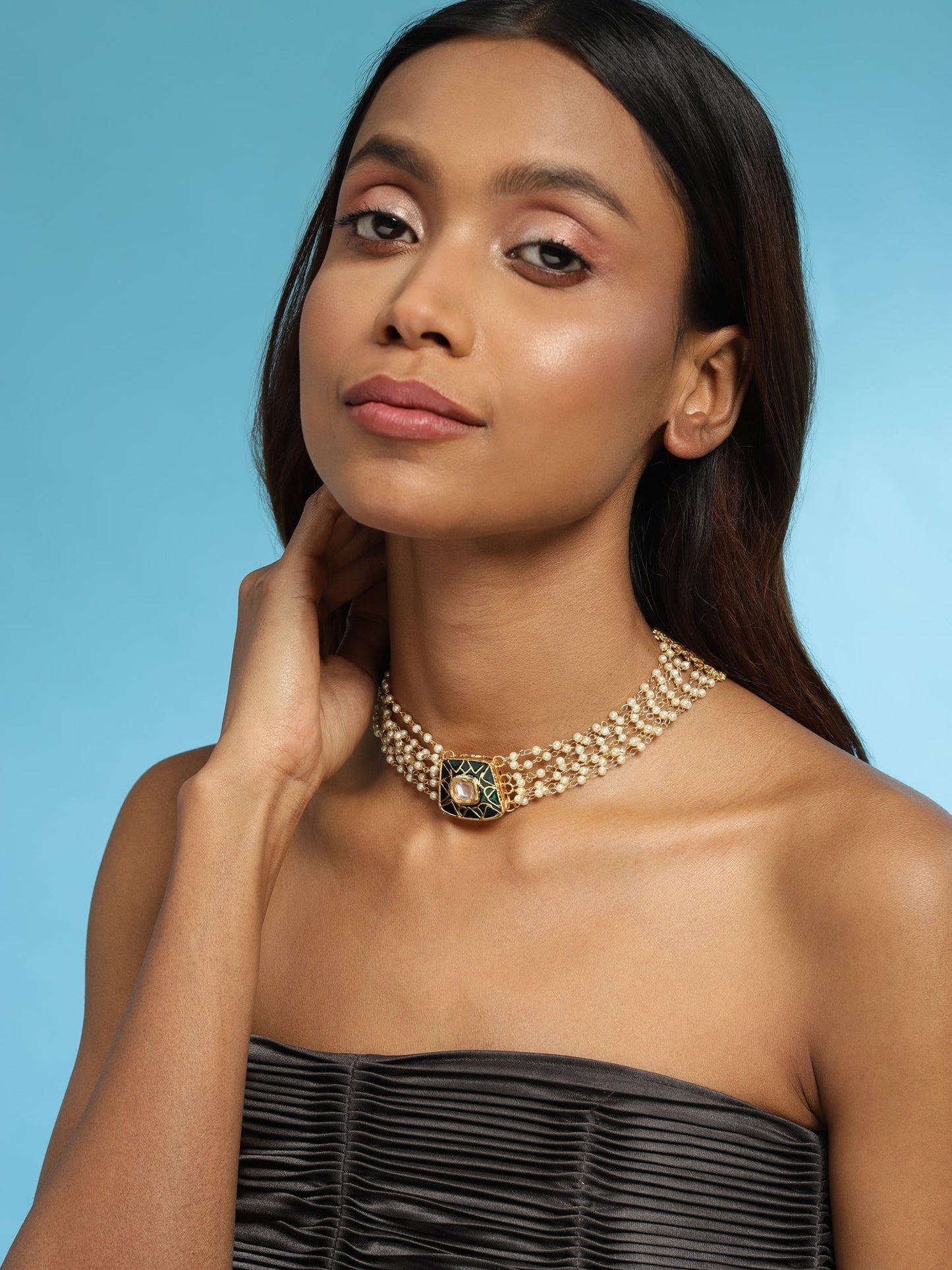 Gold-Polished White Green Brass Kundan Pearls Choker Necklace - Ruby Raang | Swadesiicart
