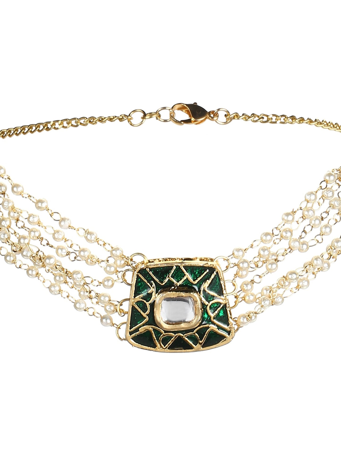 Gold-Polished White Green Brass Kundan Pearls Choker Necklace - Ruby Raang | Swadesiicart