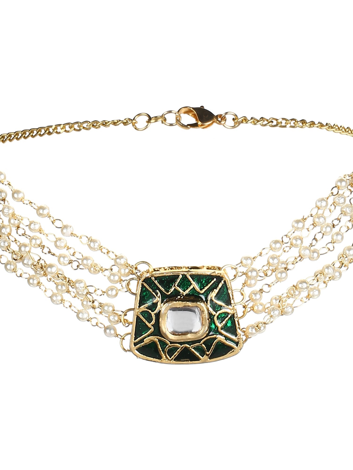 Gold-Polished White Green Brass Kundan Pearls Choker Necklace - Ruby Raang | Swadesiicart