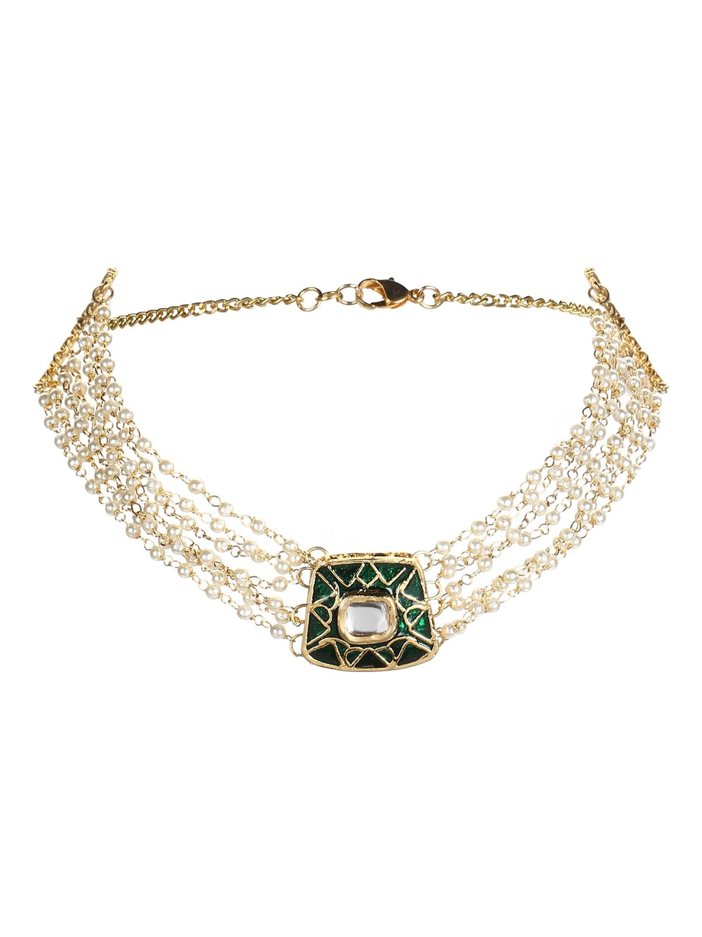 Gold-Polished White Green Brass Kundan Pearls Choker Necklace - Ruby Raang | Swadesiicart