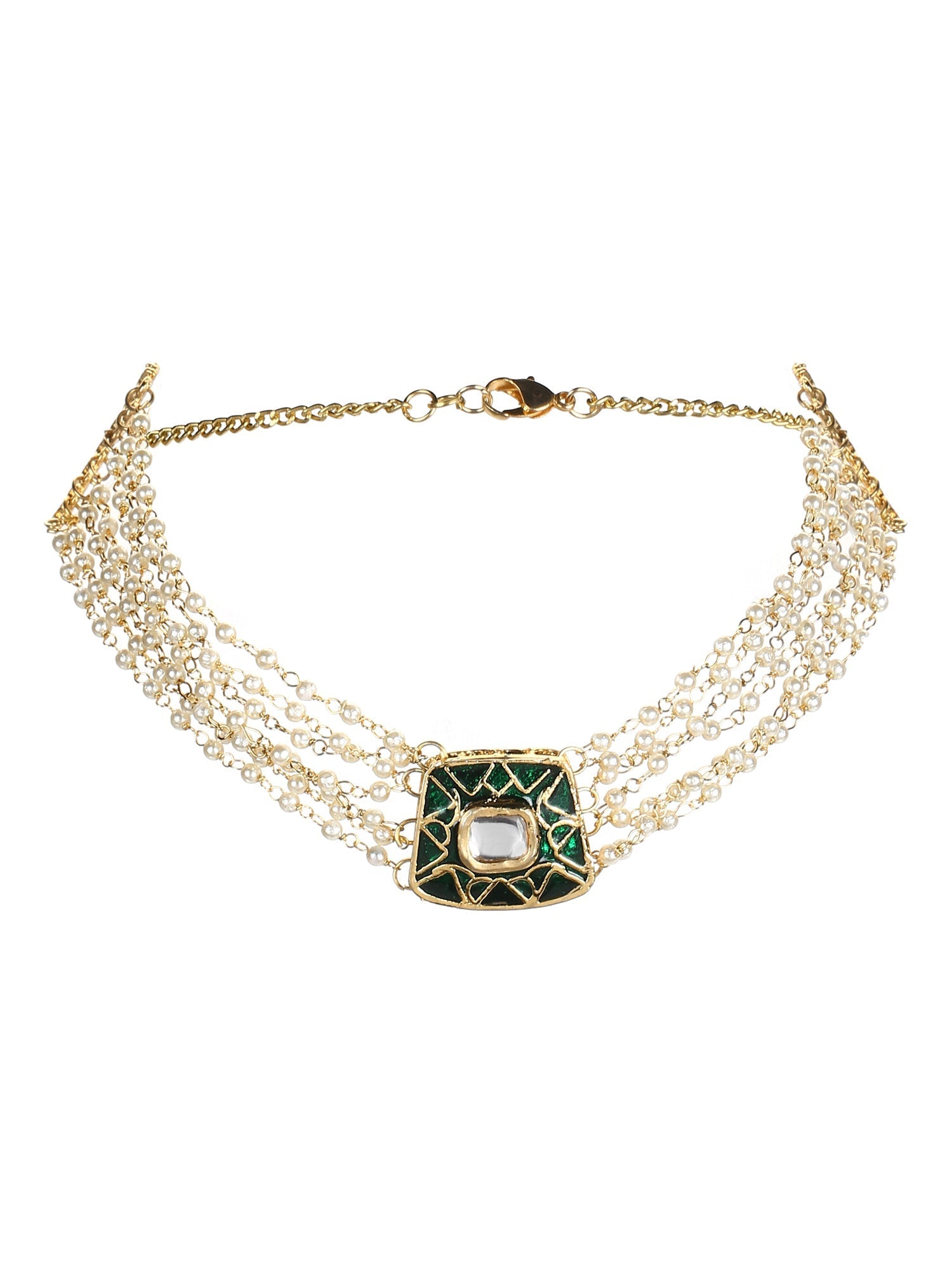 Gold-Polished White Green Brass Kundan Pearls Choker Necklace - Ruby Raang | Swadesiicart