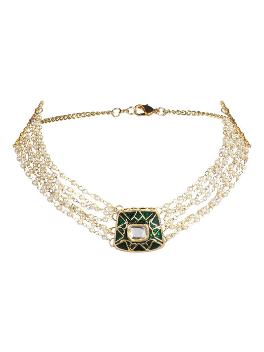 Gold-Polished White Green Brass Kundan Pearls Choker Necklace - Ruby Raang | Swadesiicart