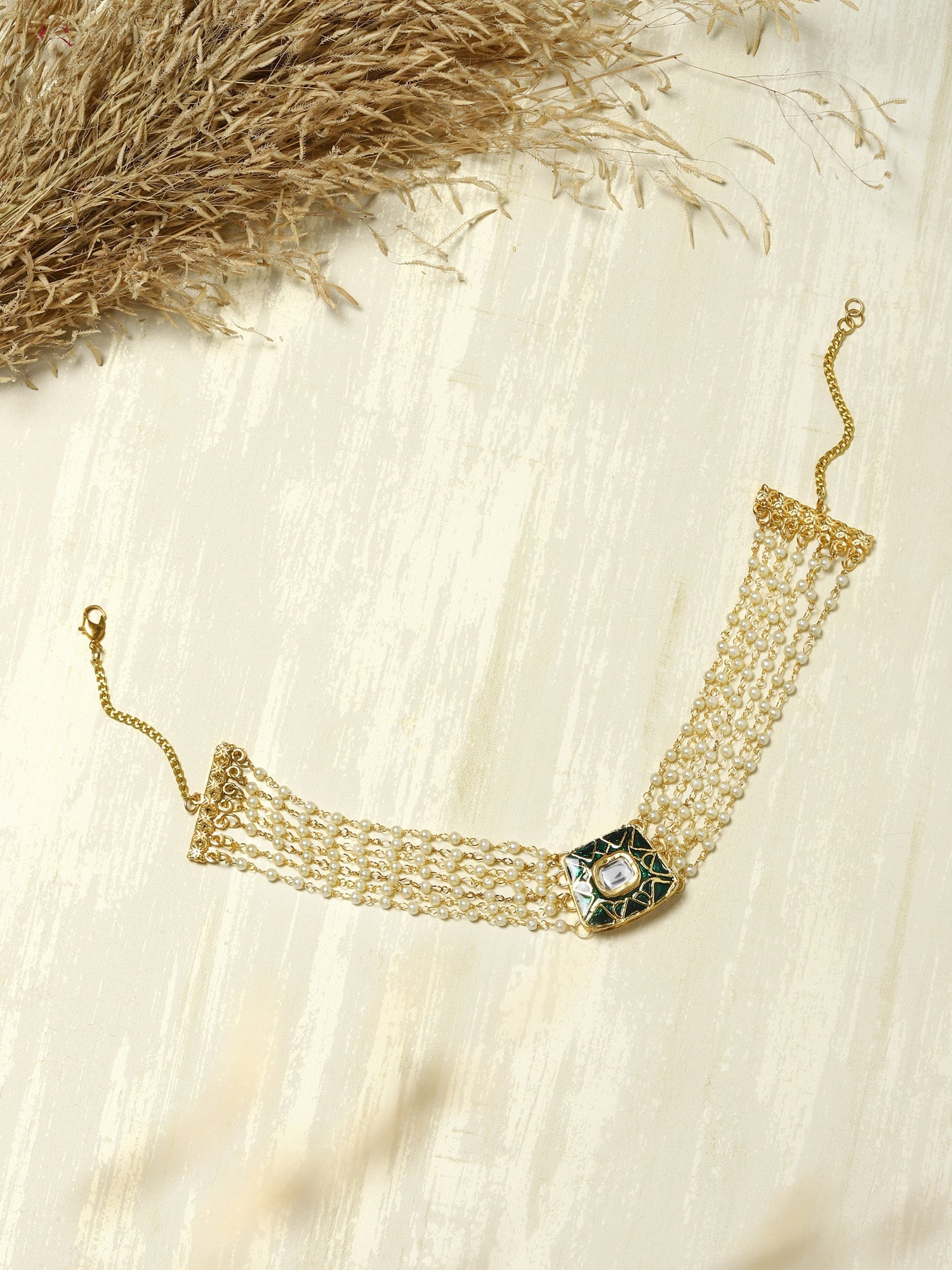 Gold-Polished White Green Brass Kundan Pearls Choker Necklace - Ruby Raang | Swadesiicart