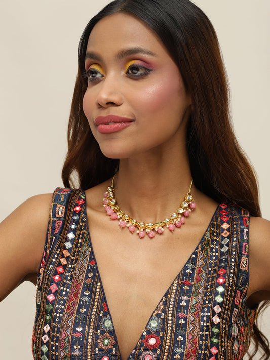 Gold-Toned Pink Gold-Polished Handcrafted Necklace - Ruby Raang | Swadesiicart