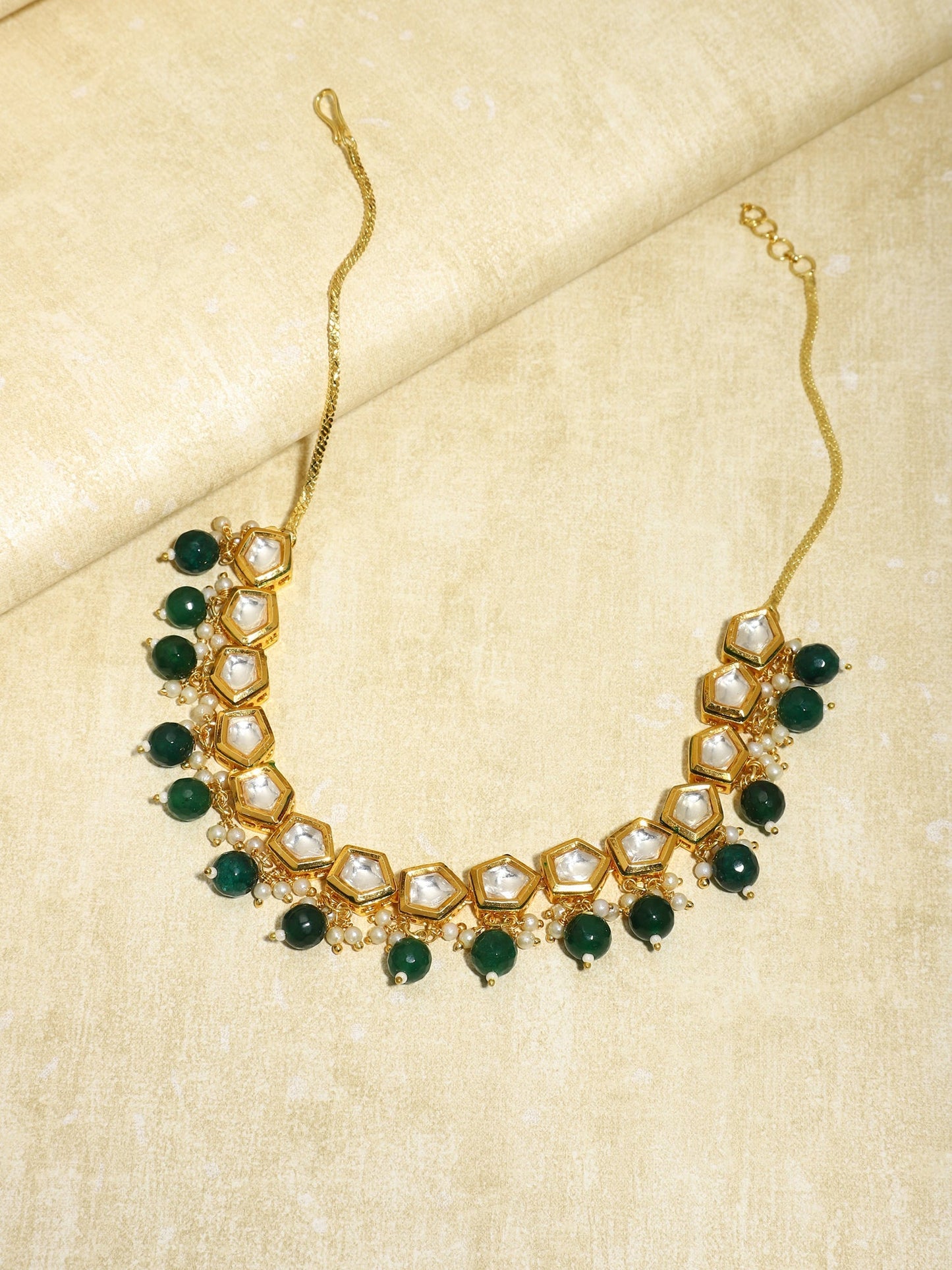 Gold-Polished White Greeb Brass Kundan Pearls Necklace - Ruby Raang | Swadesiicart