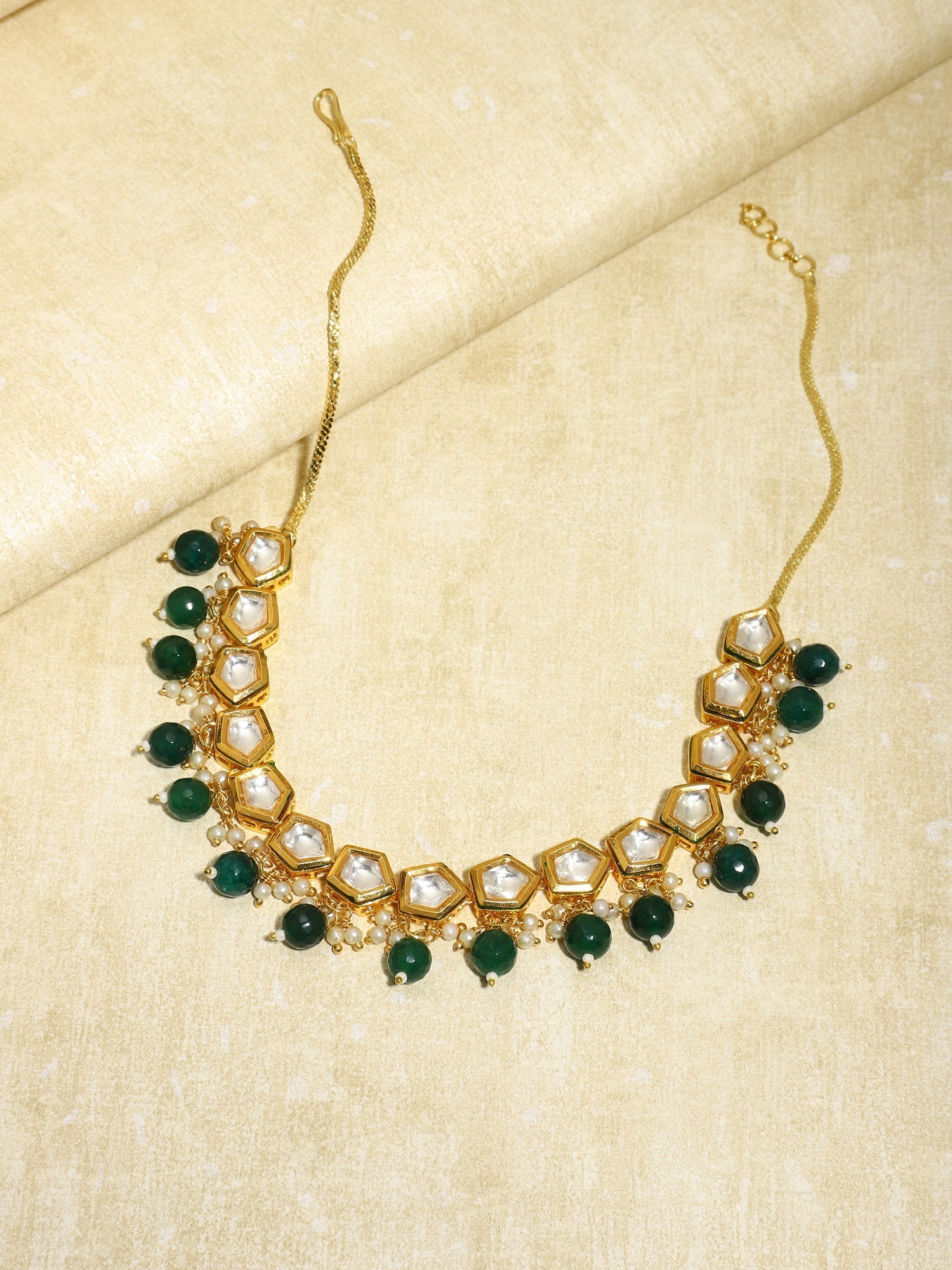 Gold-Polished White Greeb Brass Kundan Pearls Necklace - Ruby Raang | Swadesiicart