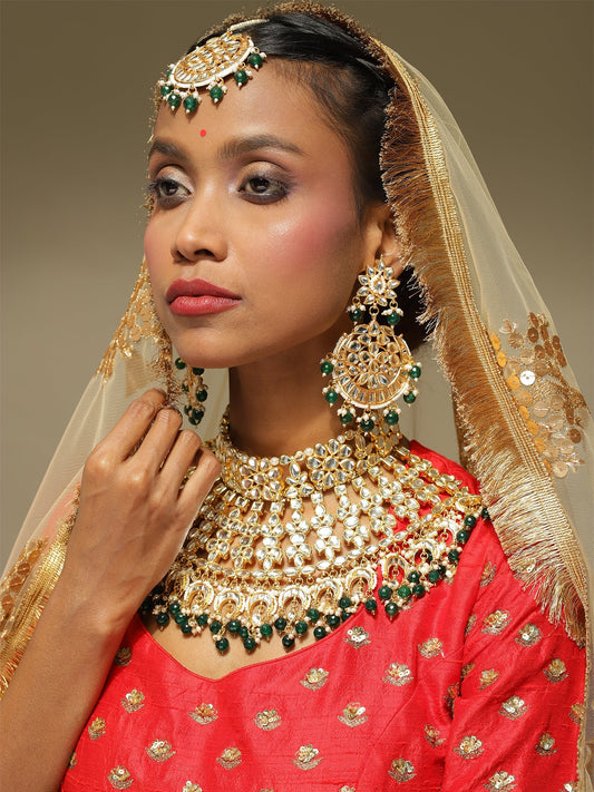 Gold-Polished Gold Kundan Studded Maharani Jewellery Set - Ruby Raang - Ruby Raang Studio