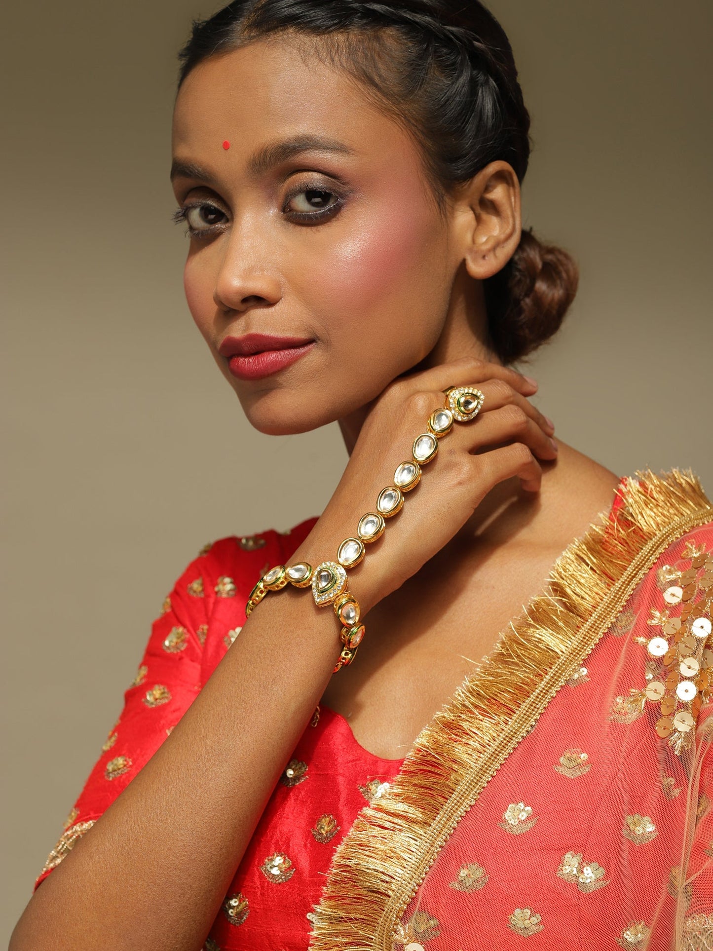 Women's Gold-Polished White Green Brass Kundan Ring Bracelet - Ruby Raang - Ruby Raang Studio