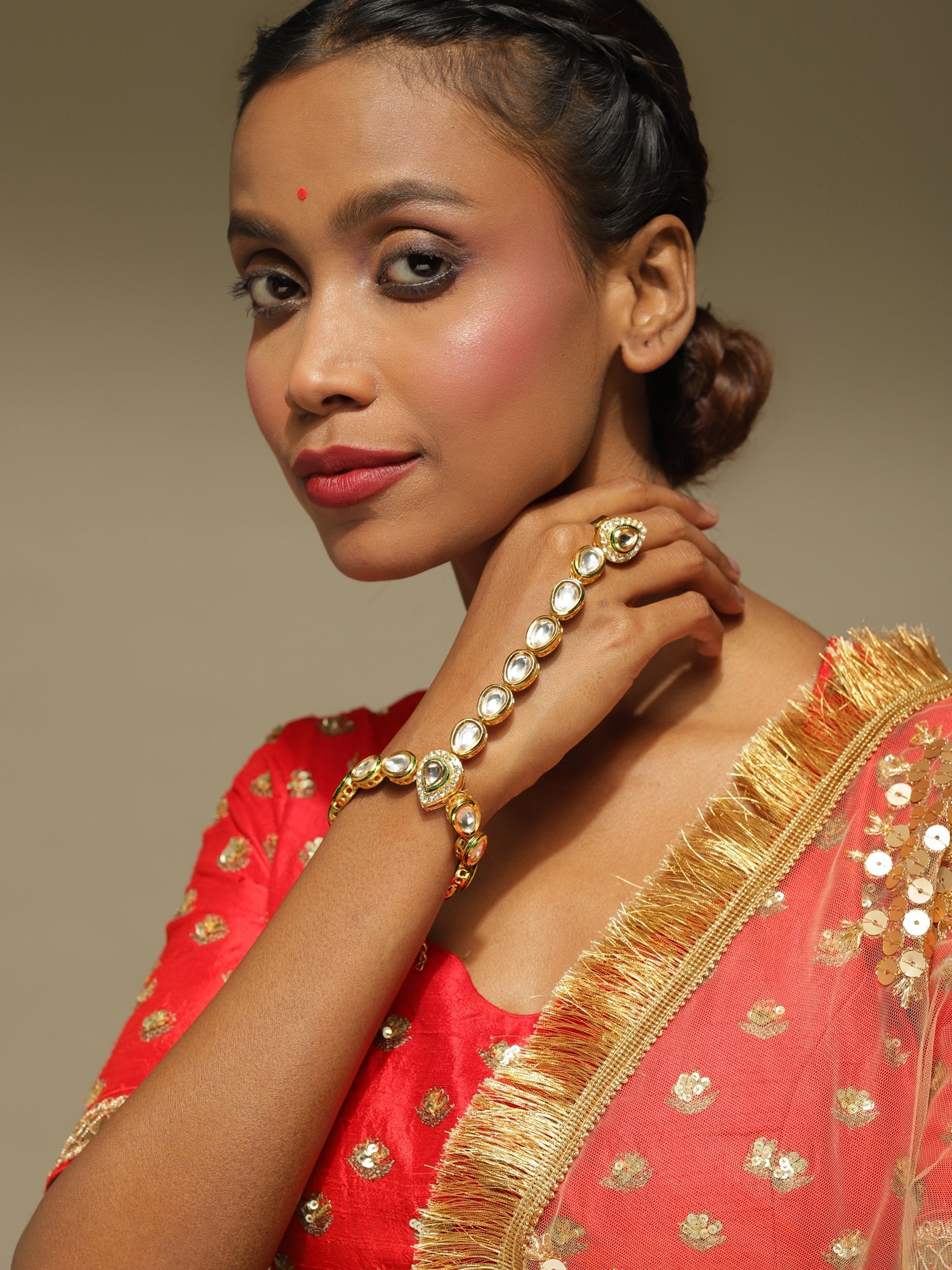 Women's Gold-Polished White Green Brass Kundan Ring Bracelet - Ruby Raang - Ruby Raang Studio