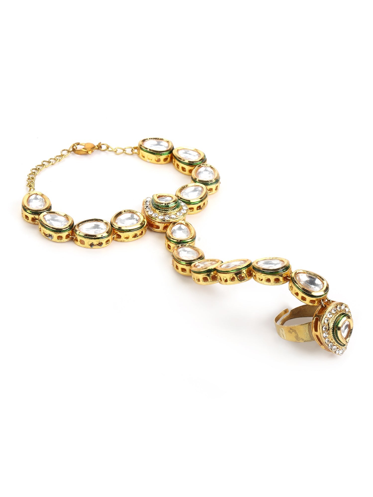 Women's Gold-Polished White Green Brass Kundan Ring Bracelet - Ruby Raang - Swadesiicart