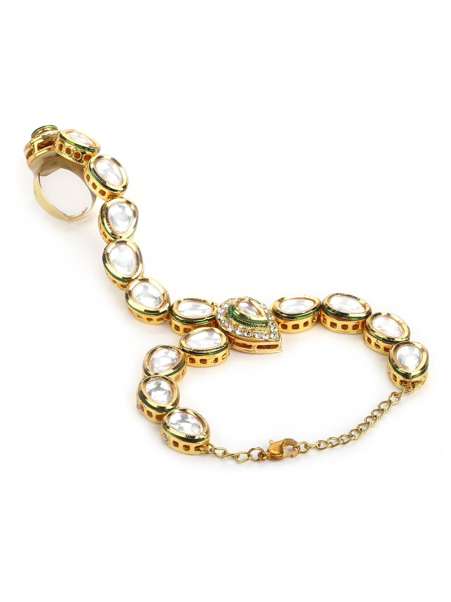 Women's Gold-Polished White Green Brass Kundan Ring Bracelet - Ruby Raang - Swadesiicart