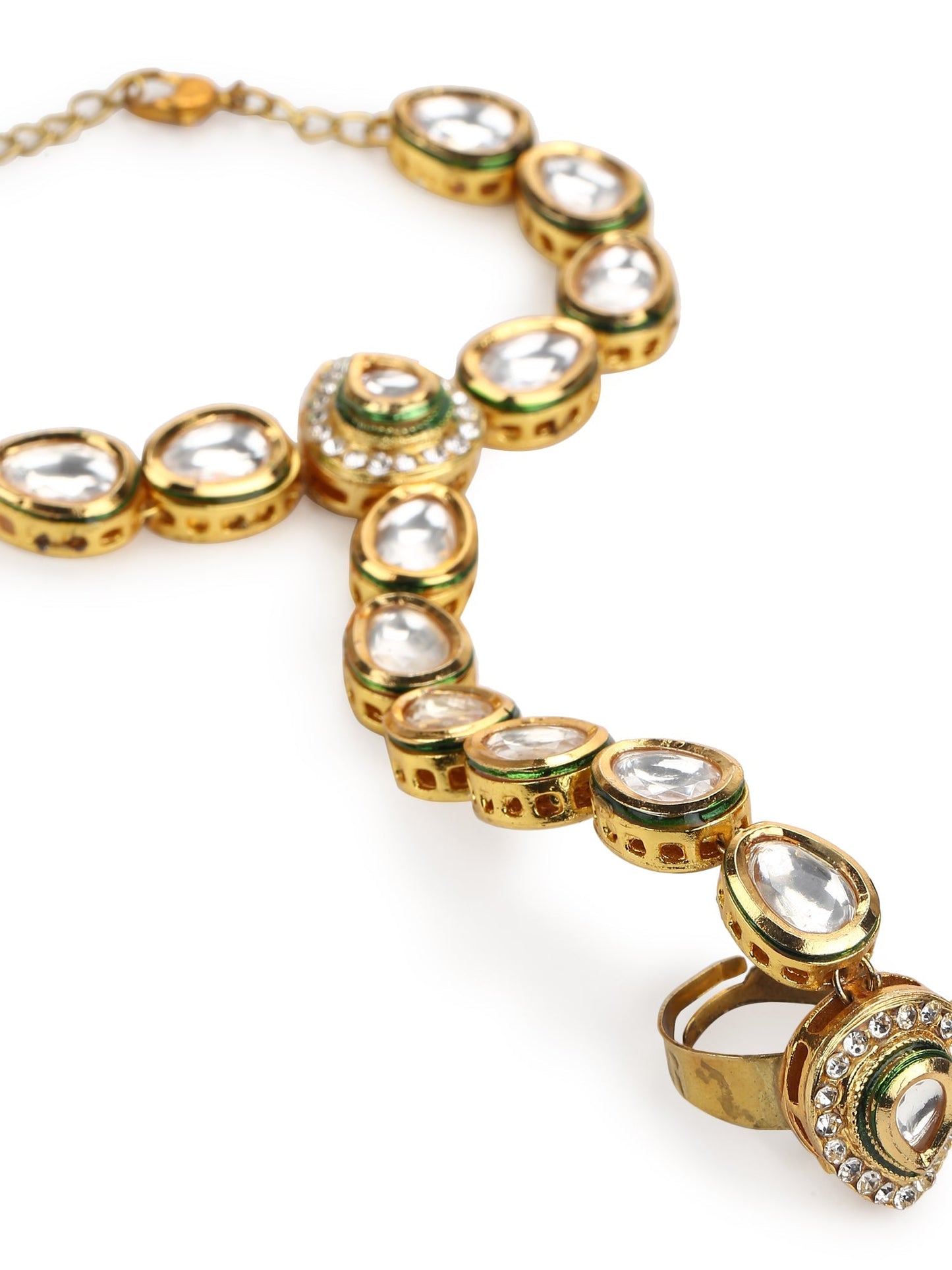 Women's Gold-Polished White Green Brass Kundan Ring Bracelet - Ruby Raang - Swadesiicart
