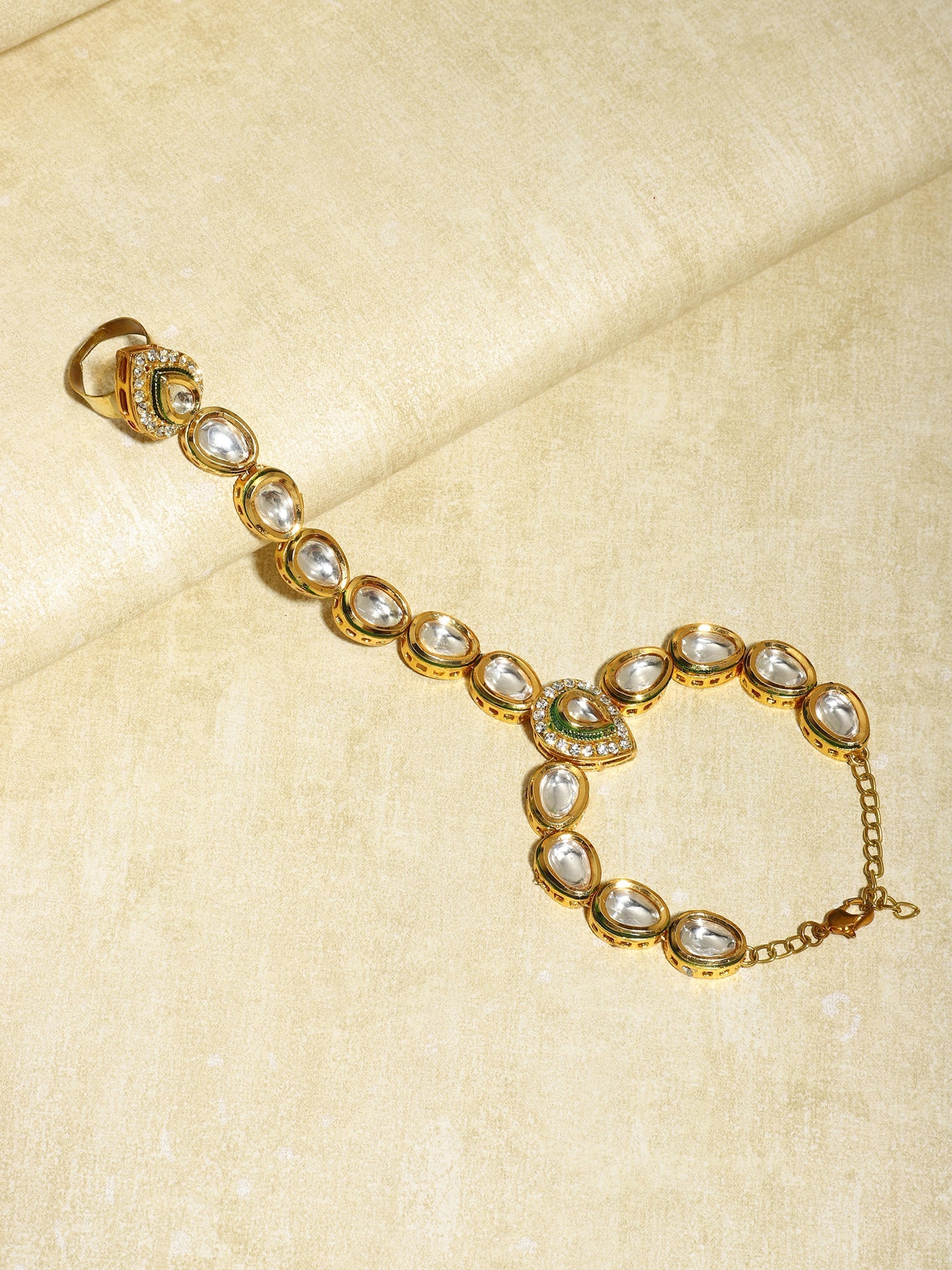 Women's Gold-Polished White Green Brass Kundan Ring Bracelet - Ruby Raang - Swadesiicart
