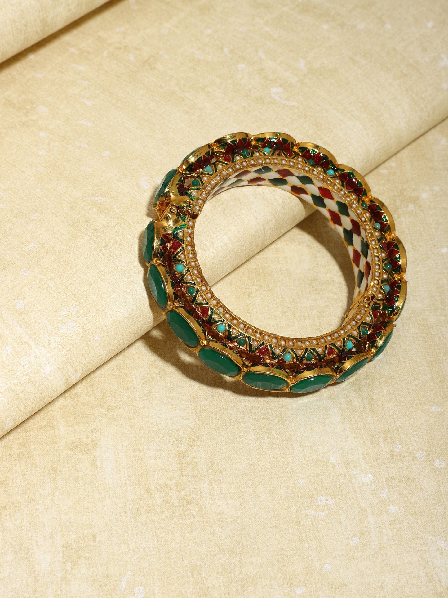 Gold-Polished Kundan Meenakari Bangle - Ruby Raang - Swadesiicart