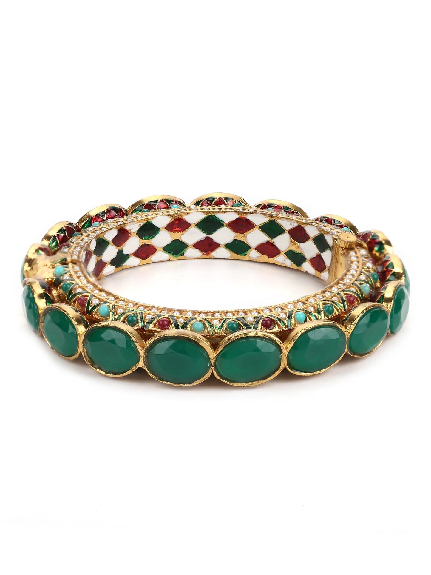 Gold-Polished Kundan Meenakari Bangle - Ruby Raang - Swadesiicart