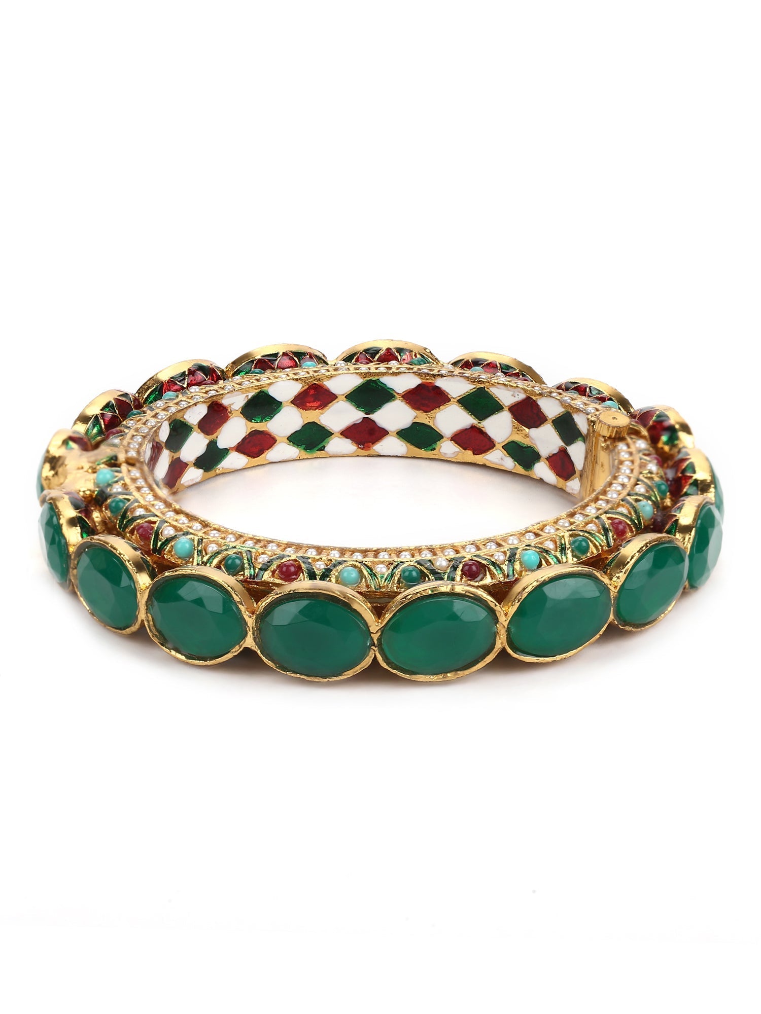 Gold-Polished Kundan Meenakari Bangle - Ruby Raang - Swadesiicart