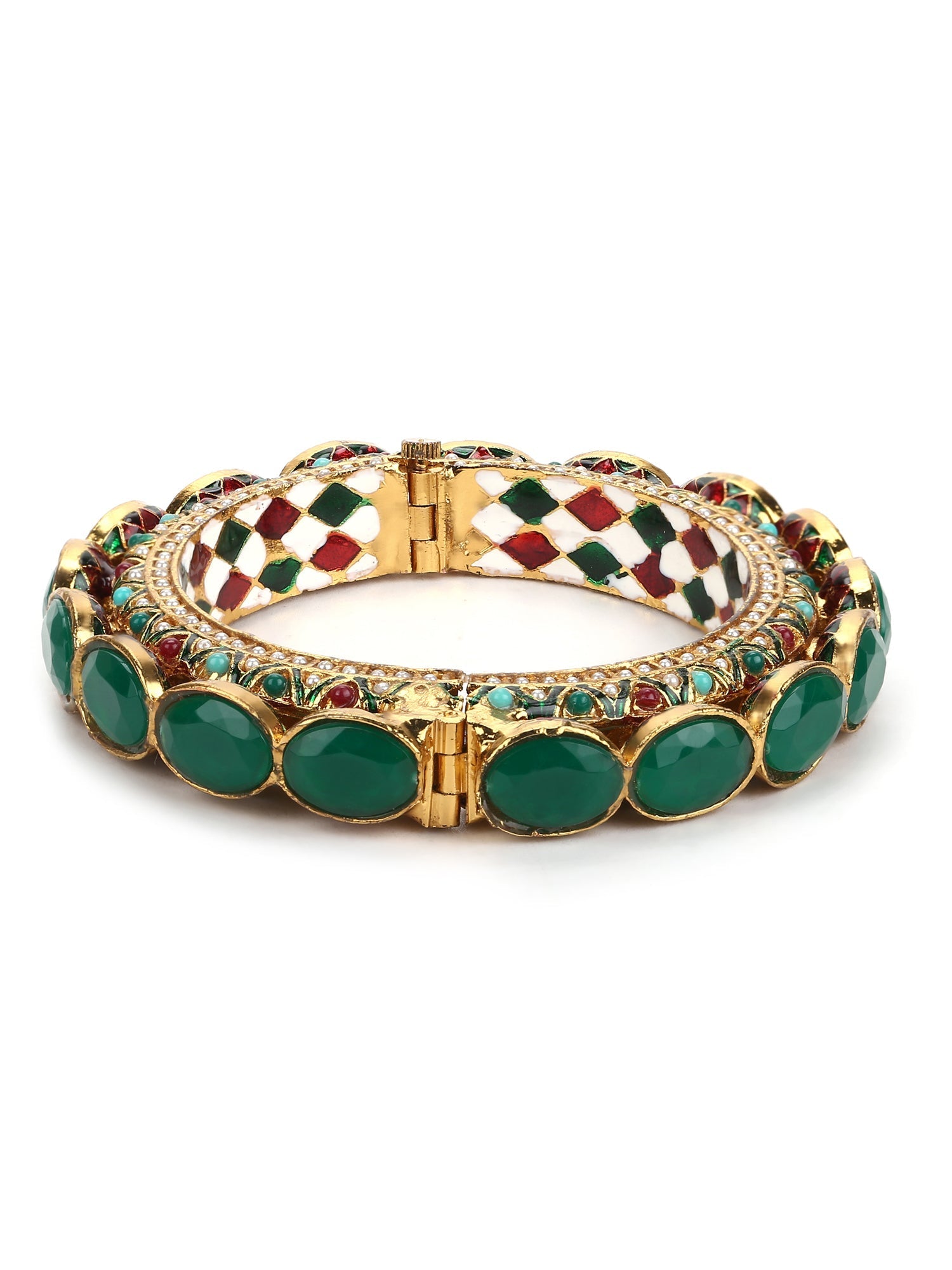 Gold-Polished Kundan Meenakari Bangle - Ruby Raang - Swadesiicart