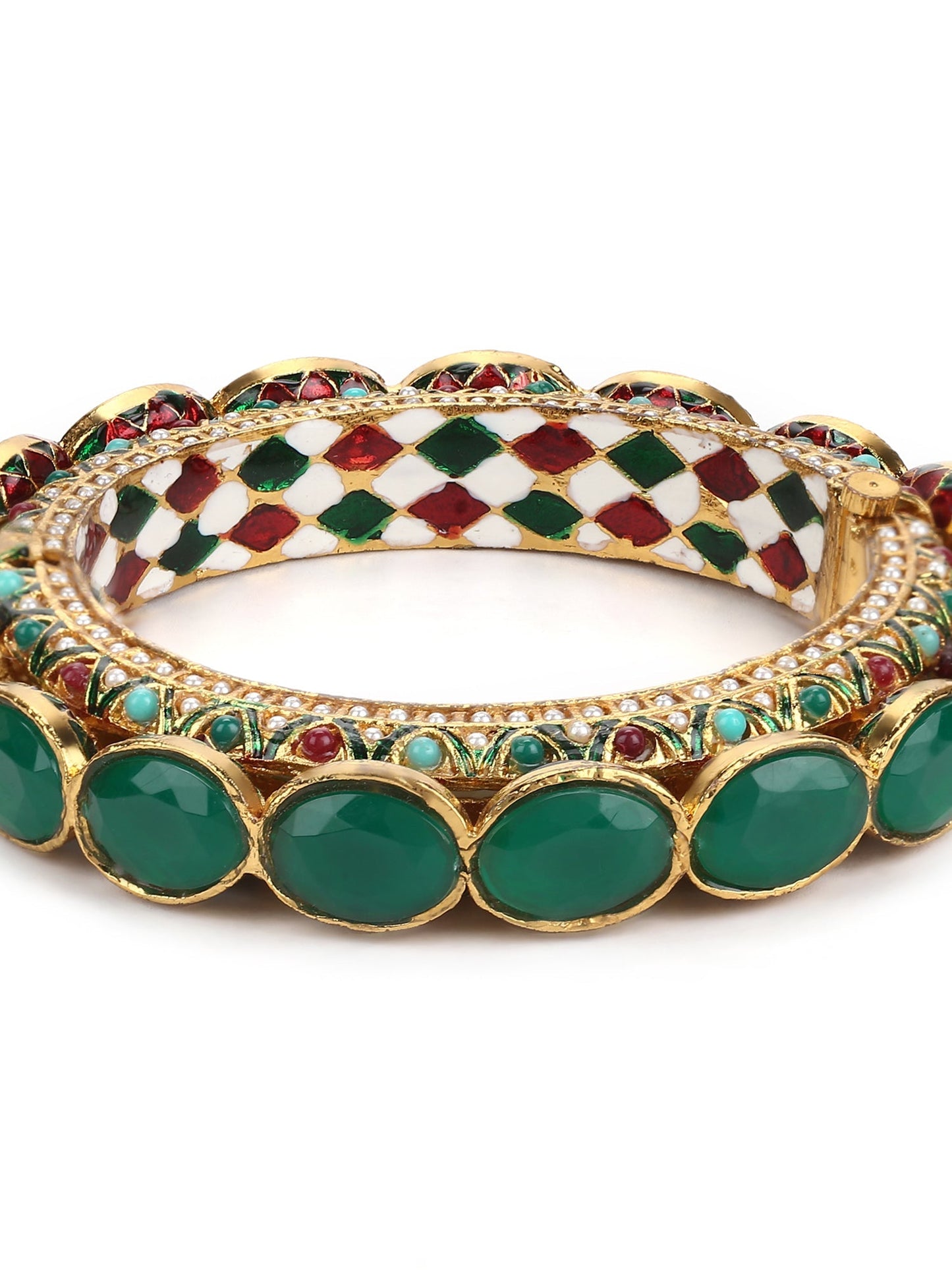 Gold-Polished Kundan Meenakari Bangle - Ruby Raang - Swadesiicart