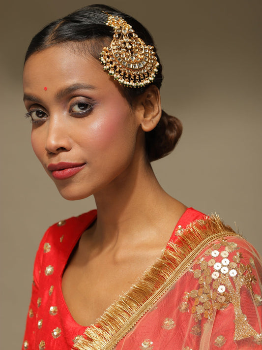Gold-Polished Kundan Studded Maang Tikka Jhoomar - Ruby Raang | Swadesiicart