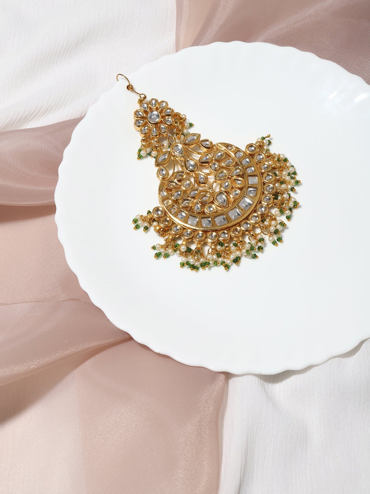 Gold-Polished Kundan Studded Maang Tikka Jhoomar - Ruby Raang | Swadesiicart
