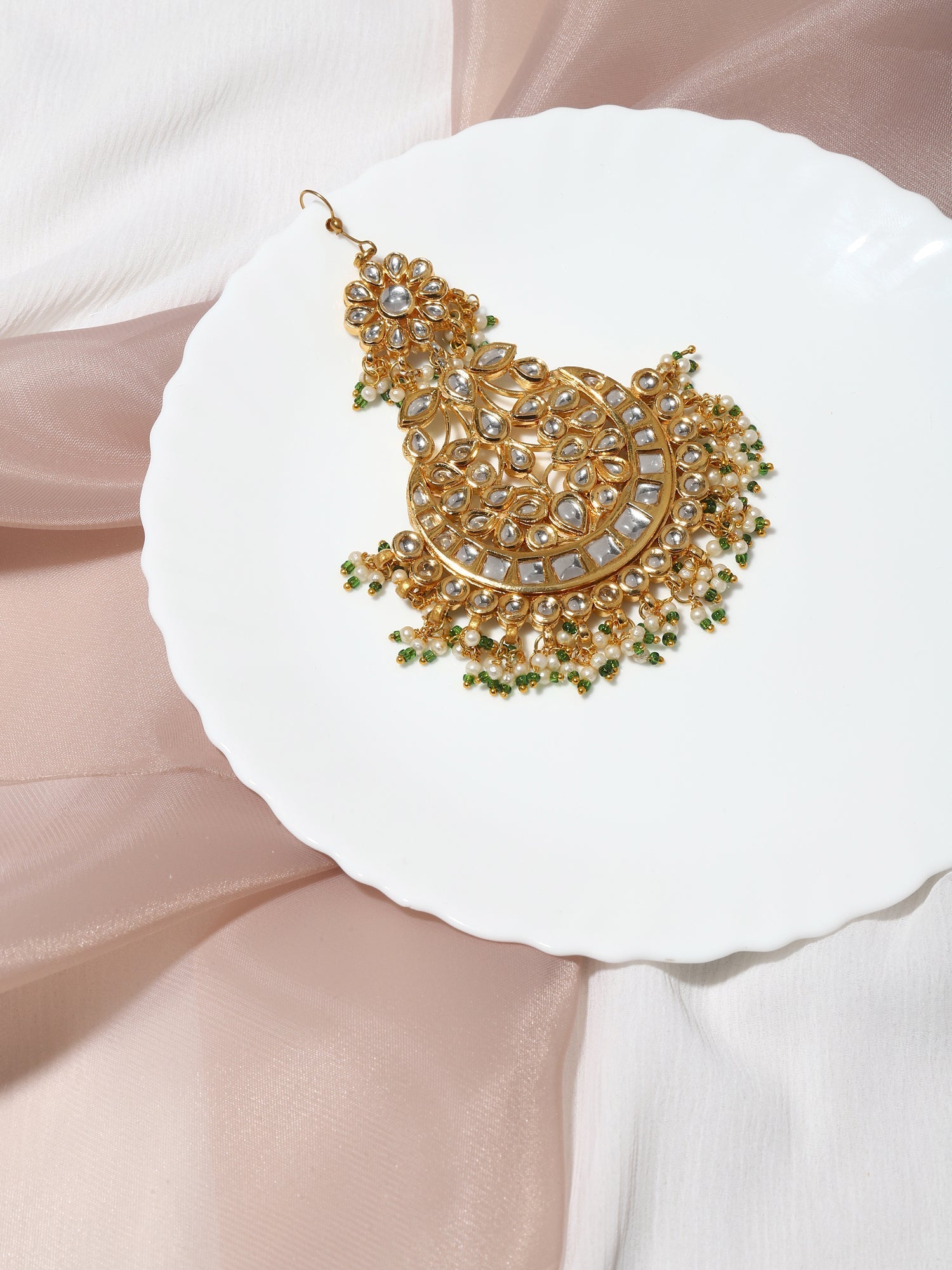 Gold-Polished Kundan Studded Maang Tikka Jhoomar - Ruby Raang | Swadesiicart